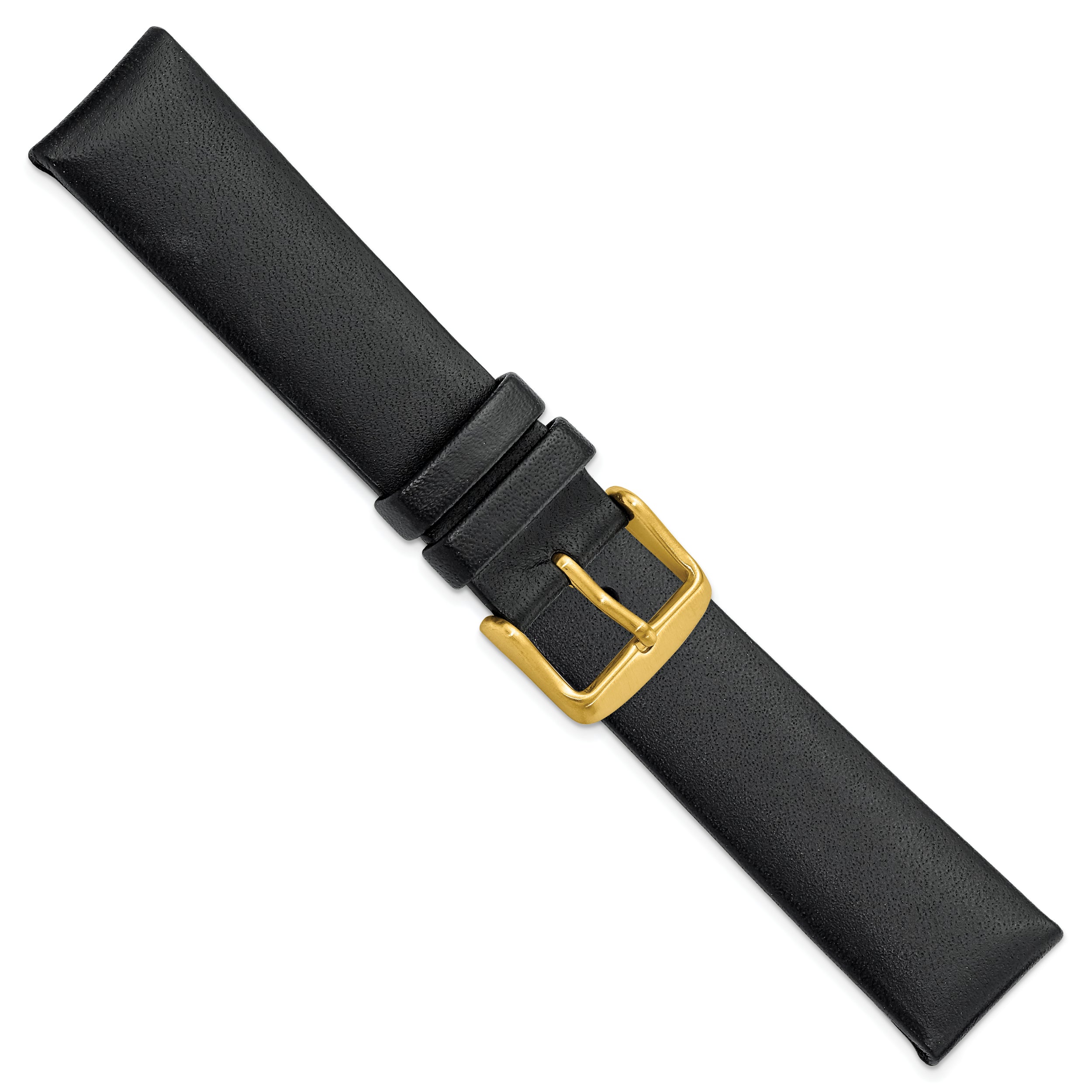 20mm Black Padded No-Stitch Calfskin Leather with Gold IP-plated Stainless Steel Buckle 7.5 inch Watch Band
