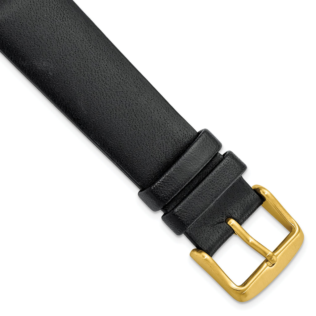 20mm Black Padded No-Stitch Calfskin Leather with Gold IP-plated Stainless Steel Buckle 7.5 inch Watch Band
