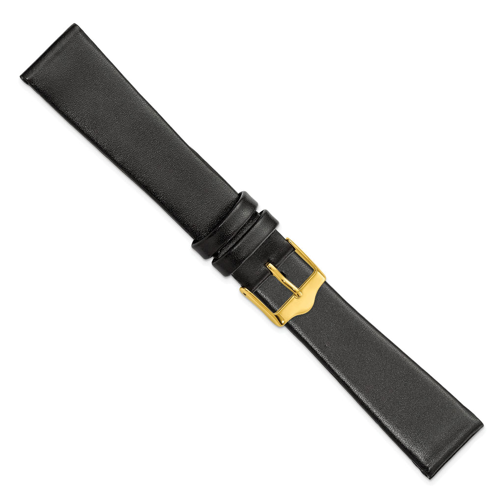 Smooth Flat Leather Watch Band in Black with Gold-Tone Buckle, 18mm - Sophia Jewelers