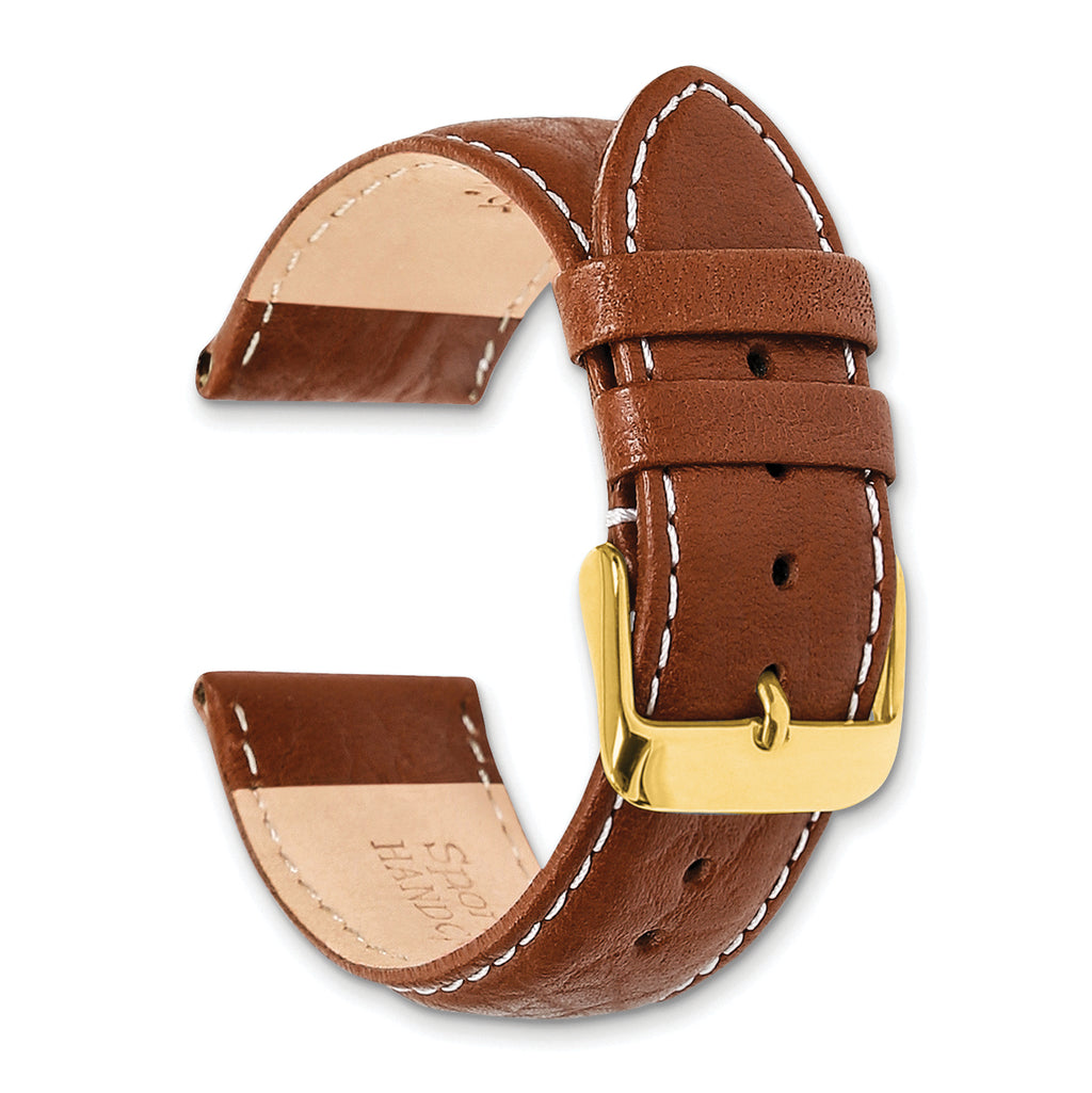 16mm Long Havana Sport Leather with White Stitching and Gold-tone Buckle 8.5 inch Watch Band - Sophia Jewelers