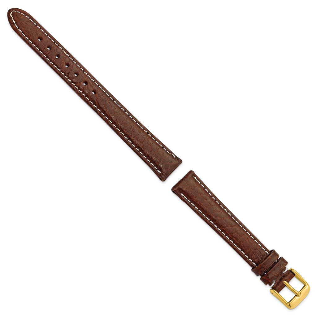 Brown Genuine Leather Watch Band with White Stitching and Gold-Tone Buckle