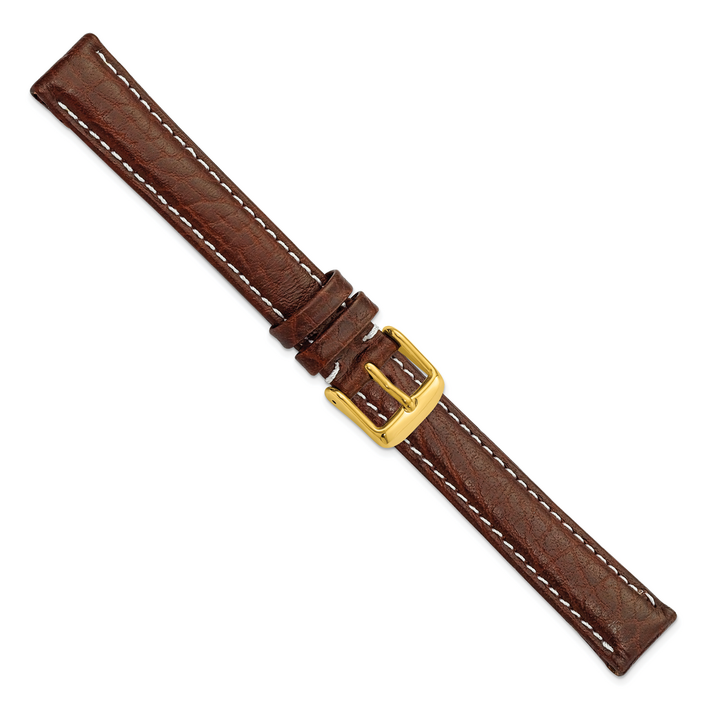 Brown Genuine Leather Watch Band with White Stitching and Gold-Tone Buckle