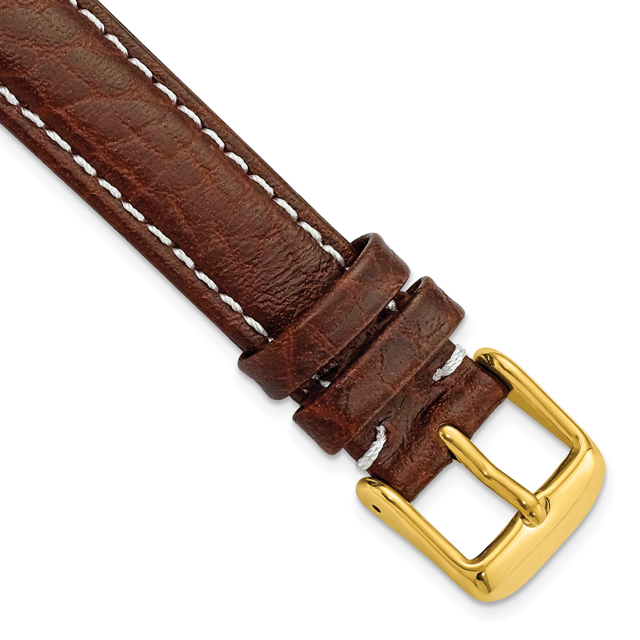 16mm Long Dark Brown Sport Leather with White Stitching and Gold-tone Buckle 8.5 inch Watch Band