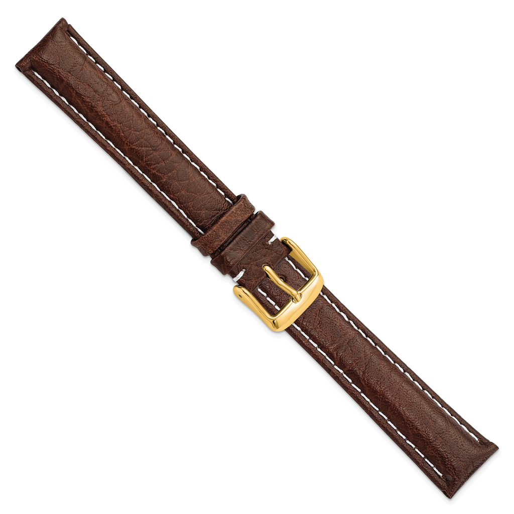 19mm Long Dark Brown Sport Leather with White Stitching and Gold-tone Buckle 8.5 inch Watch Band - Sophia Jewelers