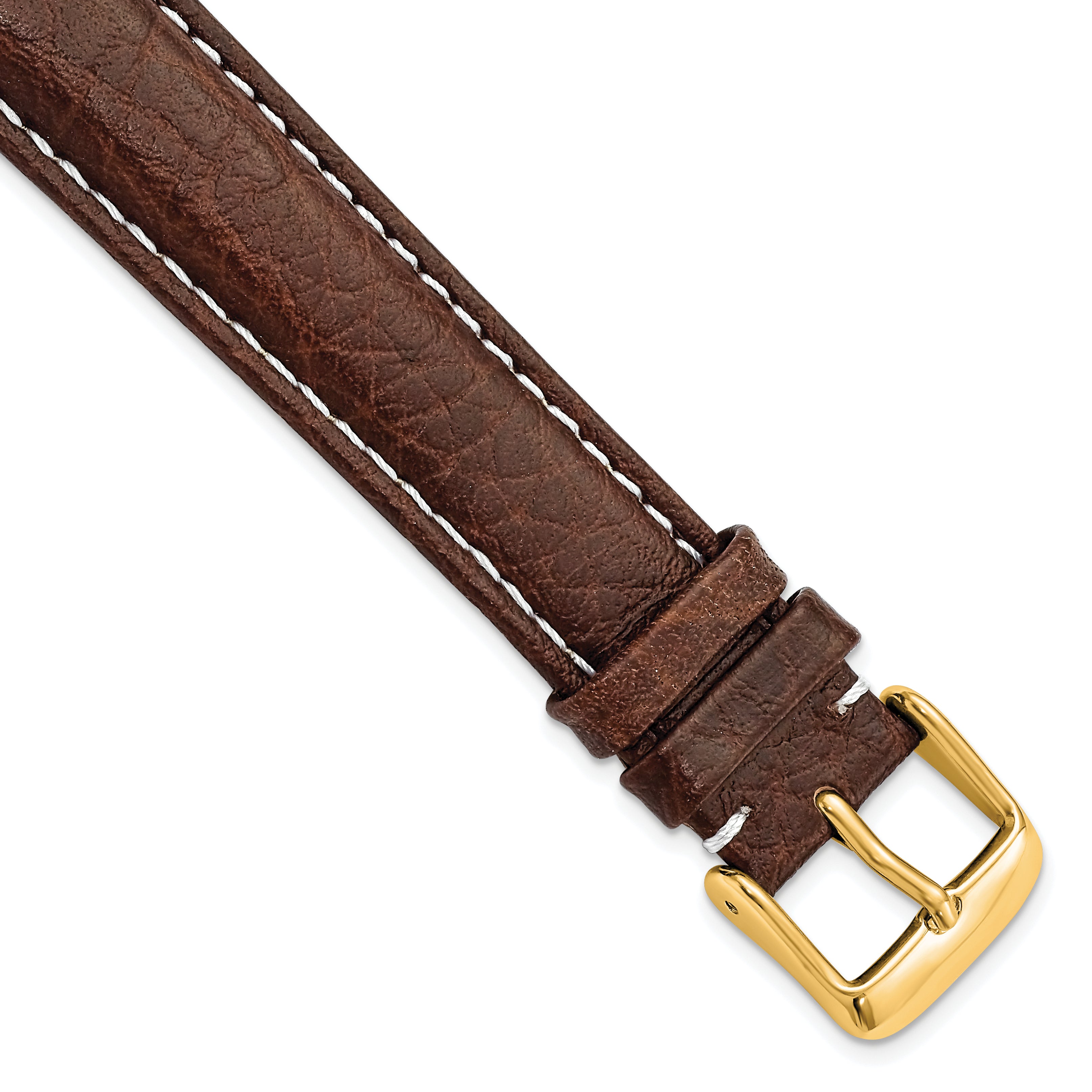 19mm Long Dark Brown Sport Leather with White Stitching and Gold-tone Buckle 8.5 inch Watch Band - Sophia Jewelers