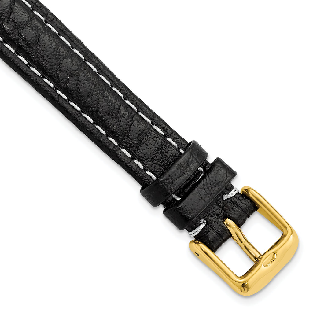 Sport Watch Band in Black Leather with White Stitching, 16mm