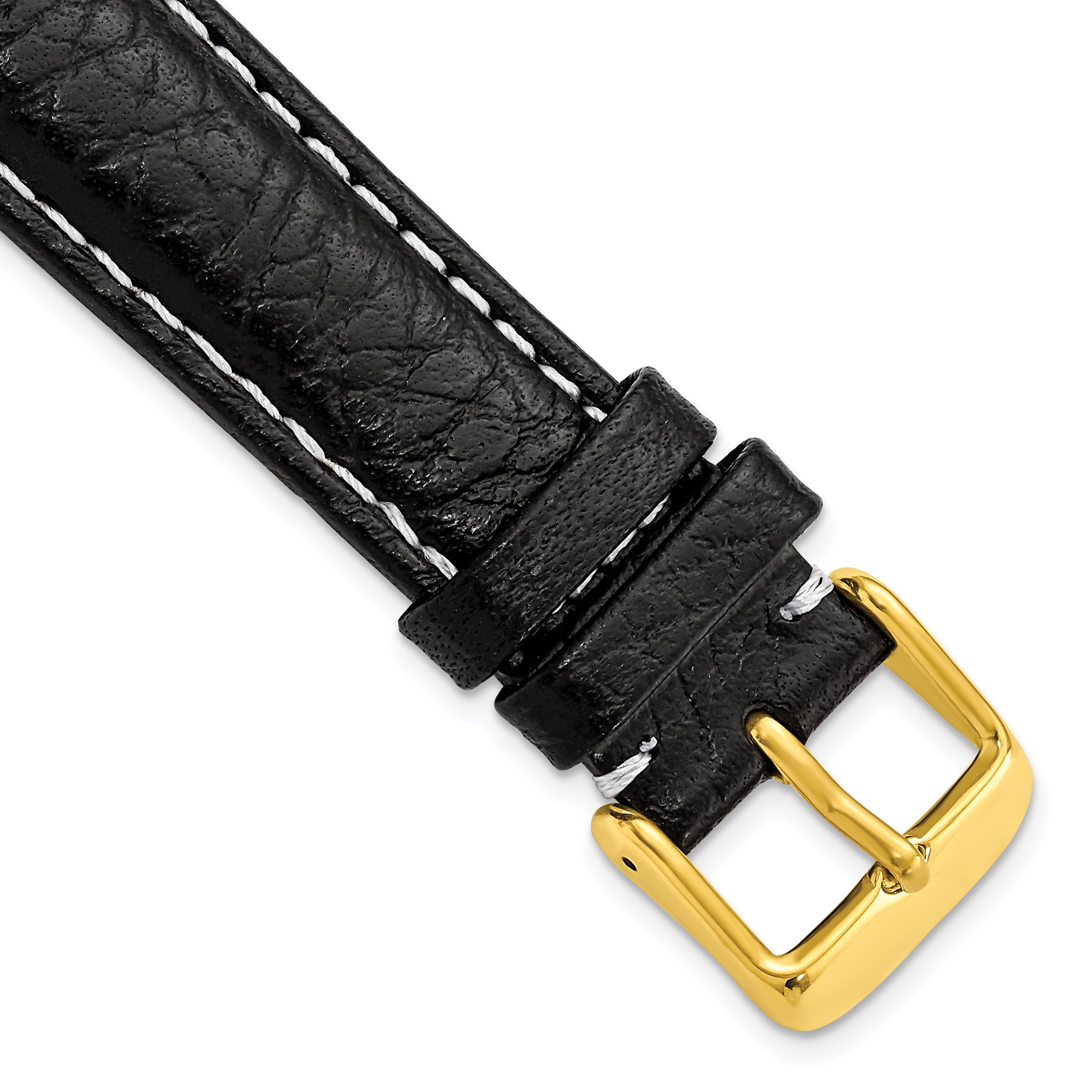 Sport Watch Band in Black Leather with White Stitching, 16mm