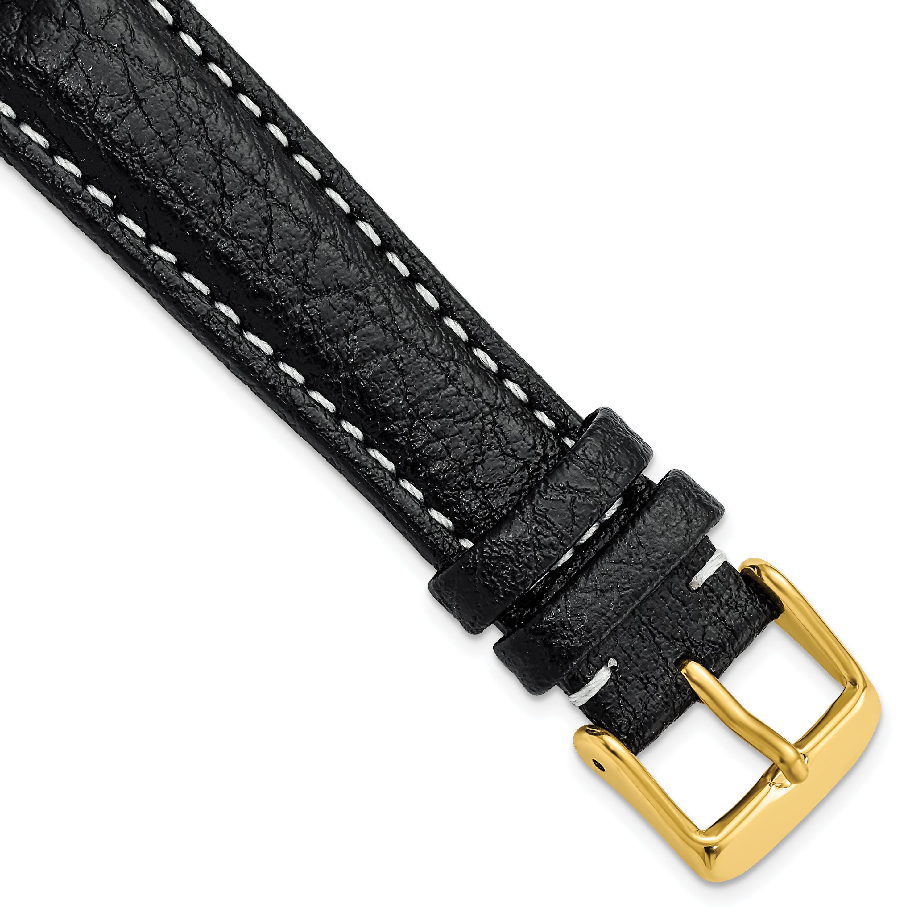 Sport Watch Band in Black Leather with White Stitching, 16mm