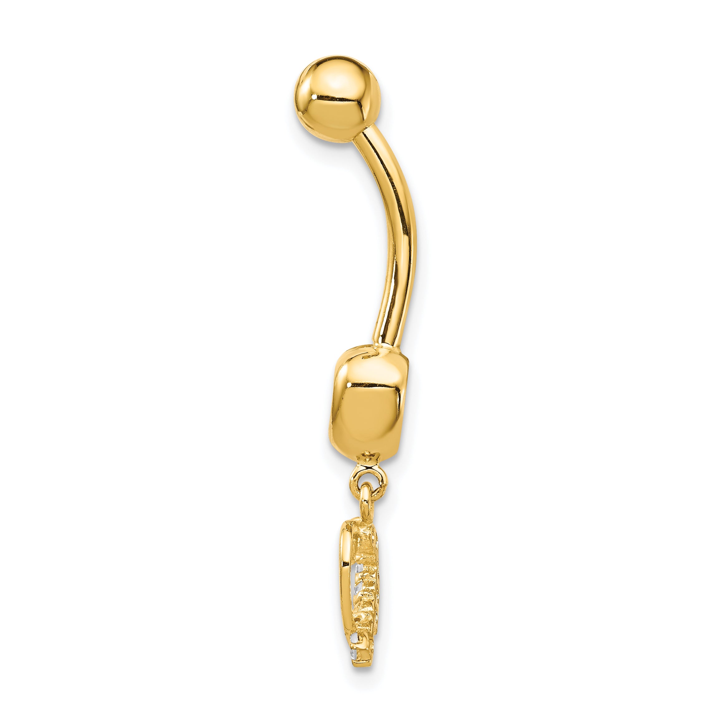 14k 14 Gauge CZ 2-Hearts Dangle Belly Ring Secondary image