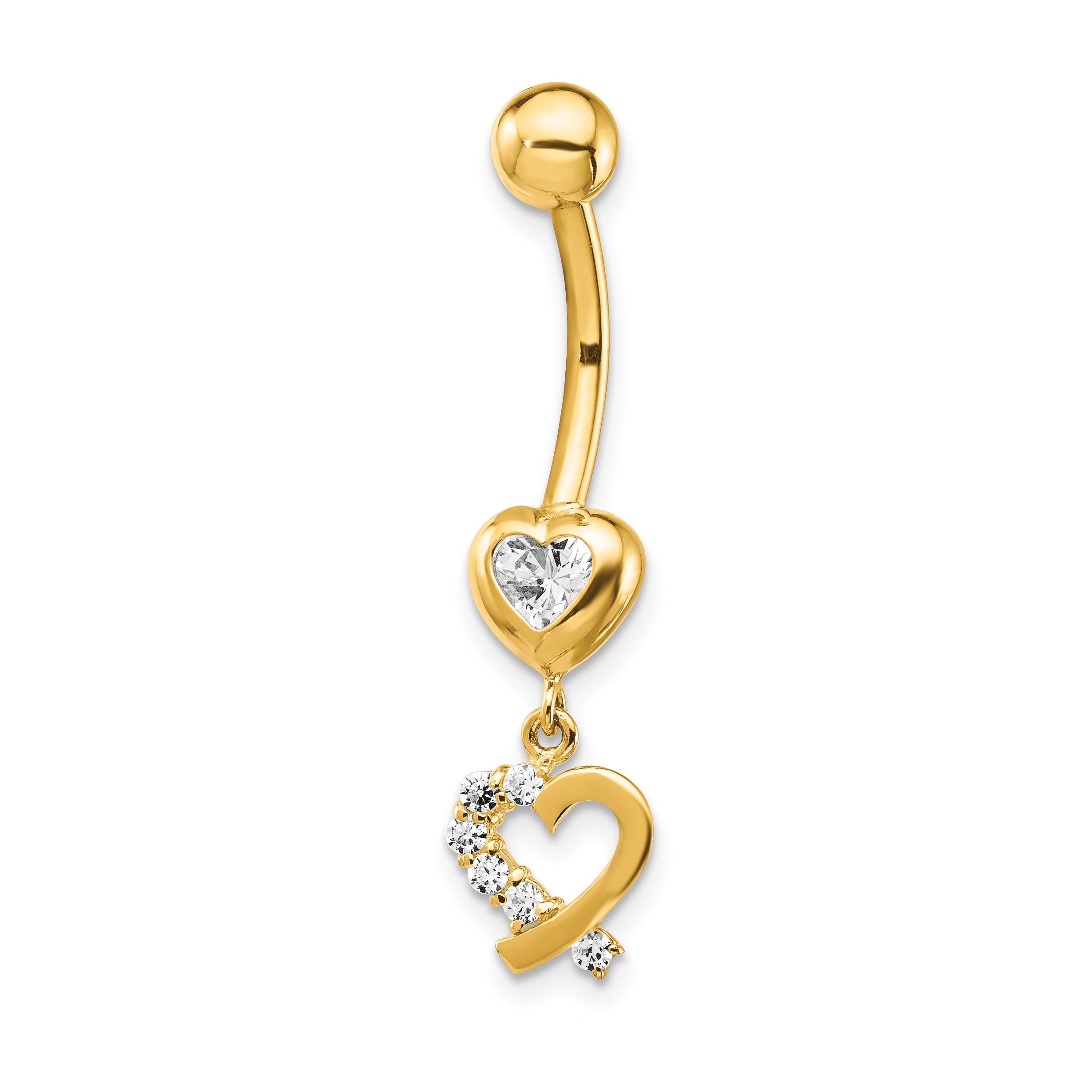 14k 14 Gauge CZ 2-Hearts Dangle Belly Ring Main image