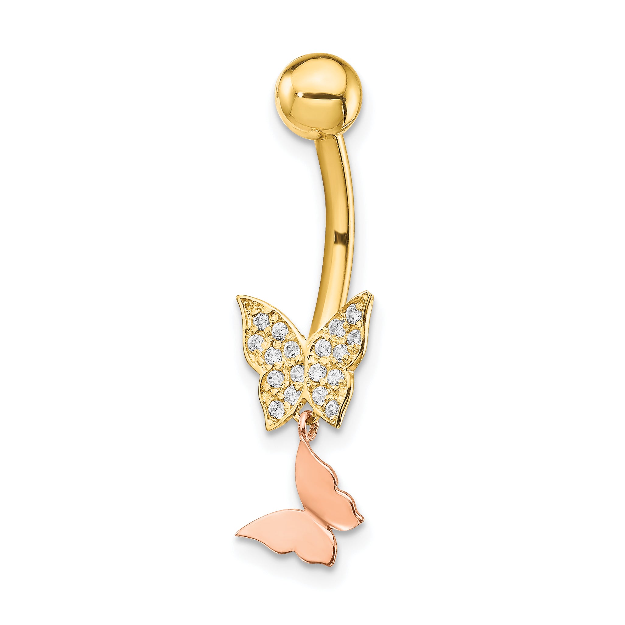 14k Two-tone 14 Gauge Double CZ Butterfly Dangle Belly Ring Main image