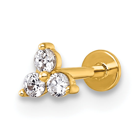 14k 18 Gauge Polished Triple Round CZ Labret Stud