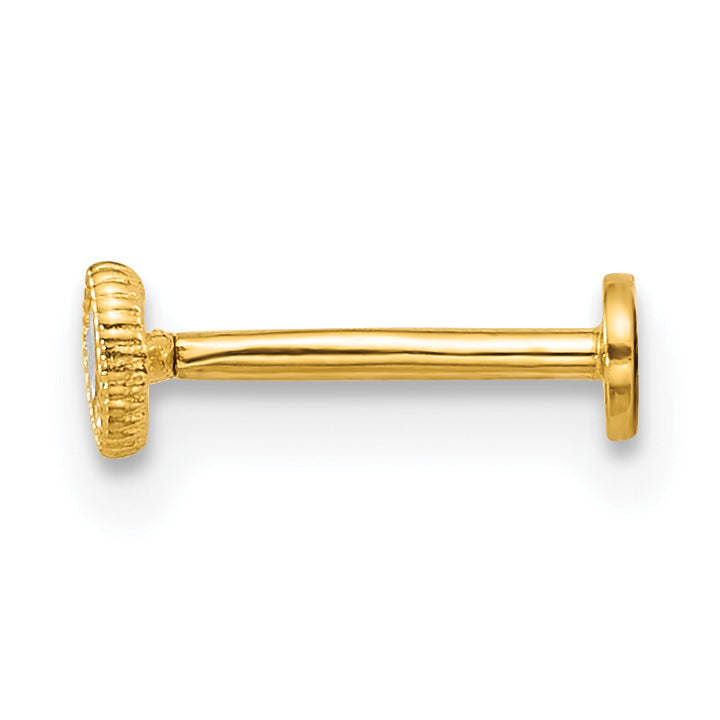 14k 18 Gauge Polished and Textured Marquise-cut CZ Labret Stud