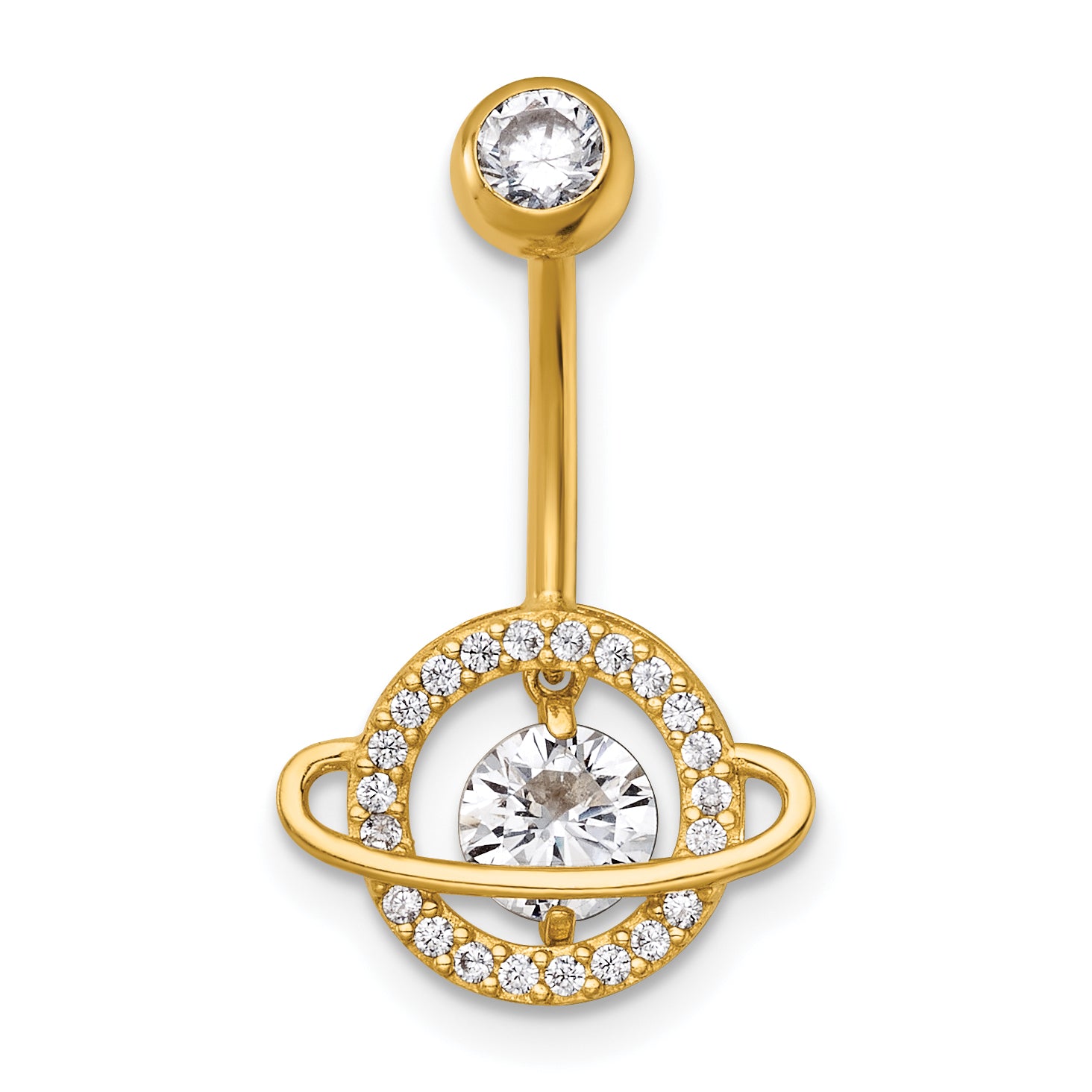 14k 16 Gauge Polished Moving/Vibrant CZ Saturn/Planet Navel Ring