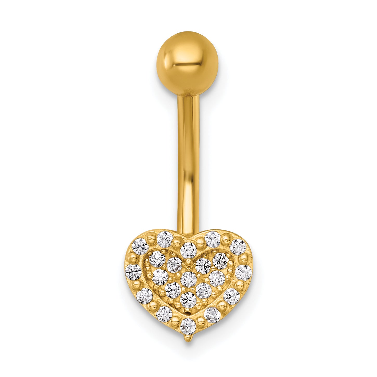 14k 14 Gauge Polished Pave CZ Heart Navel Ring