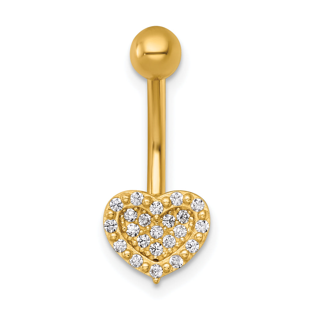 14k 14 Gauge Polished Pave CZ Heart Navel Ring