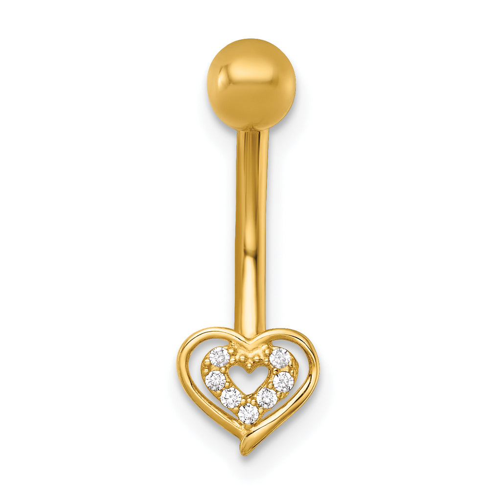 14k 14 Gauge Polished CZ Double Heart Navel Ring