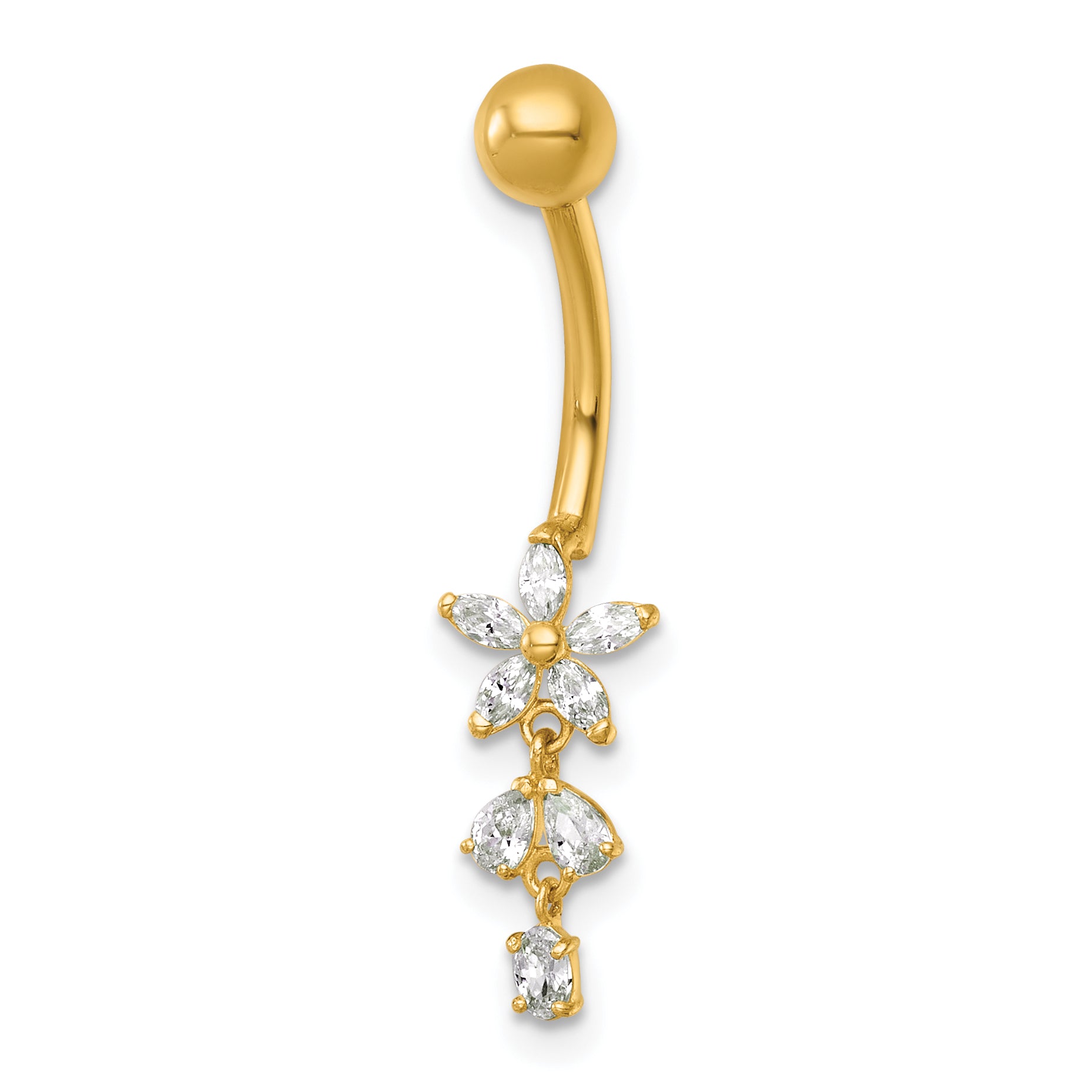 14k 14 Gauge Polished CZ Dangling Flower Navel Ring Main image