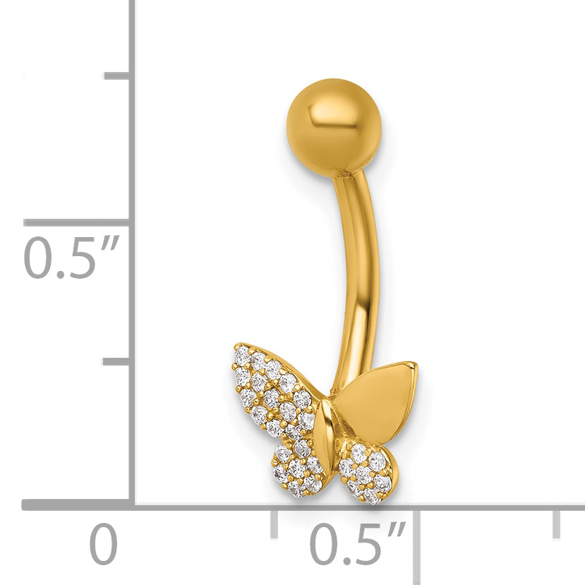 14k 14 Gauge Polished CZ Butterfly Navel Ring