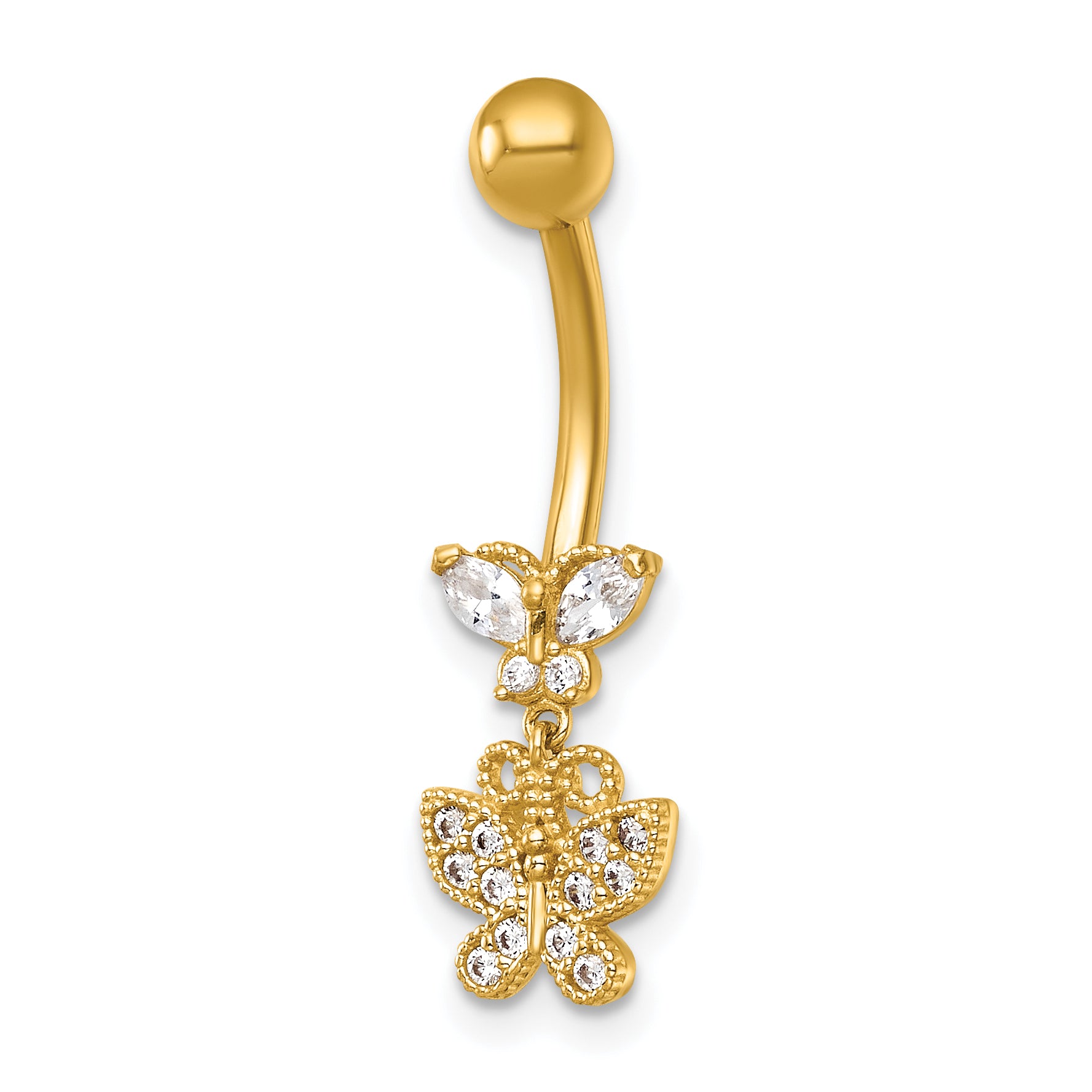 14k 14 Gauge Polished and Beaded CZ Dangling Butterfly Navel Ring Main image
