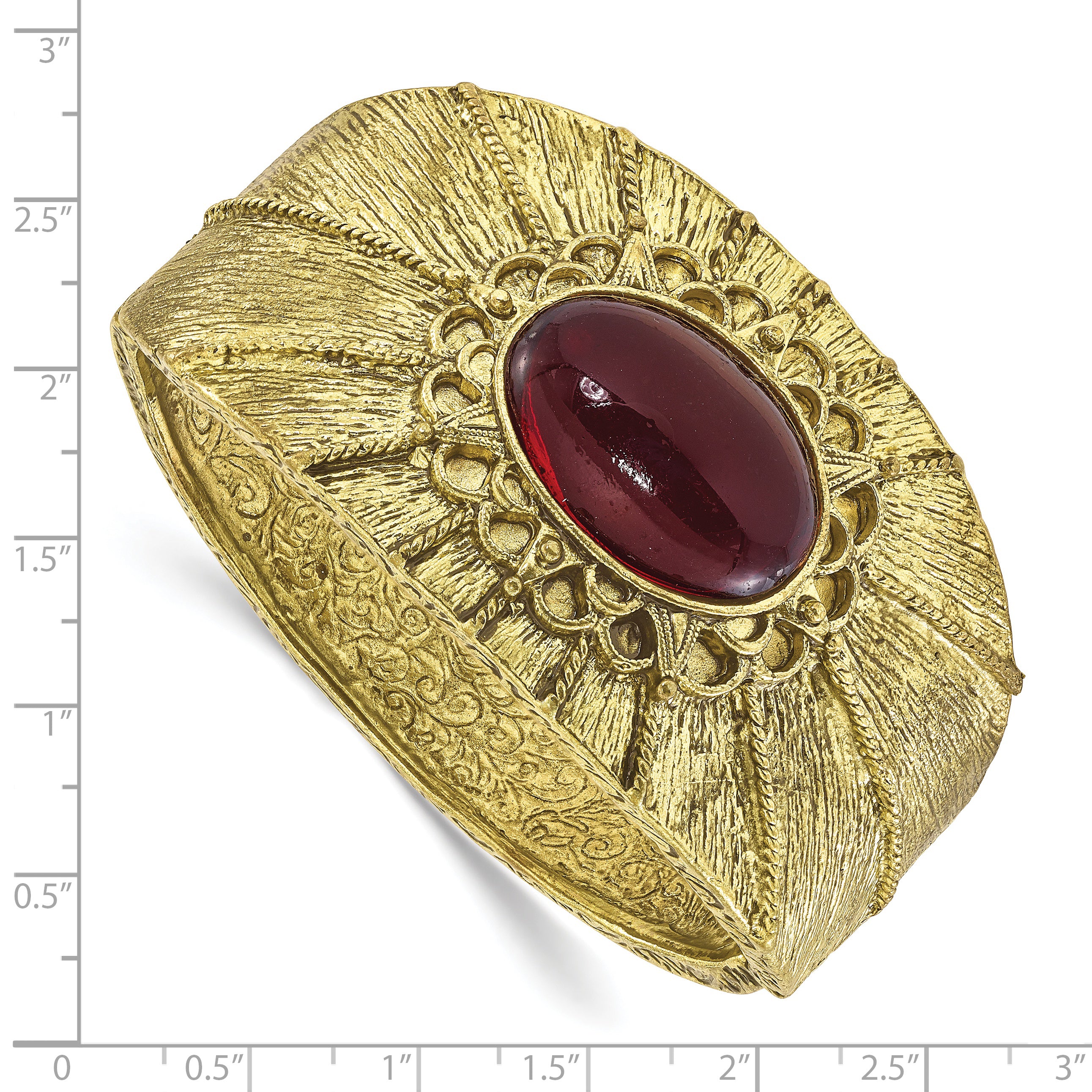 1928 Brass-tone Red Acrylic Stone Hinged Cuff Bangle Secondary image