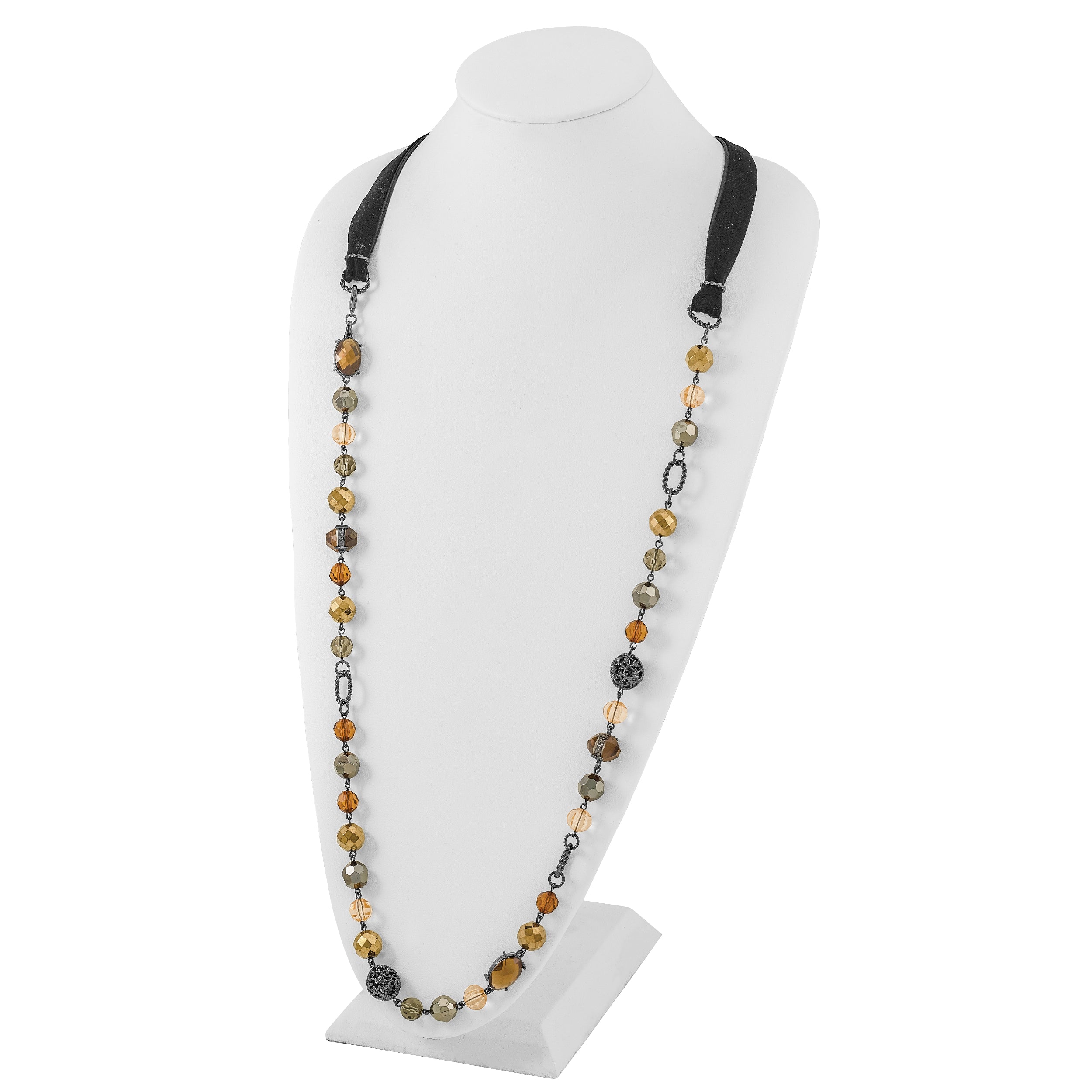 1928 Jewelry Black-plated Textured and Faceted Multicolor Glass Beads in Brown and Hematite Shades 42 inch Black Velour Cord Necklace
