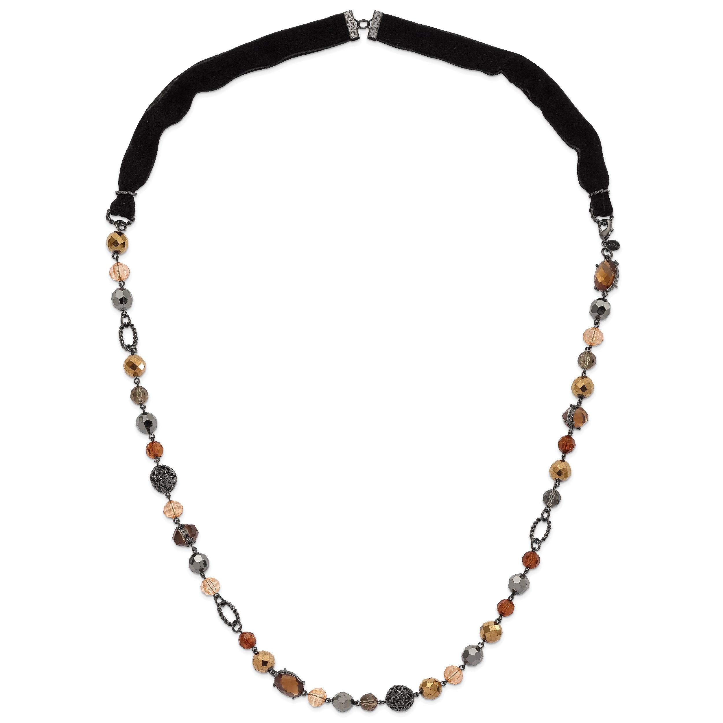 1928 Jewelry Black-plated Textured and Faceted Multicolor Glass Beads in Brown and Hematite Shades 42 inch Black Velour Cord Necklace