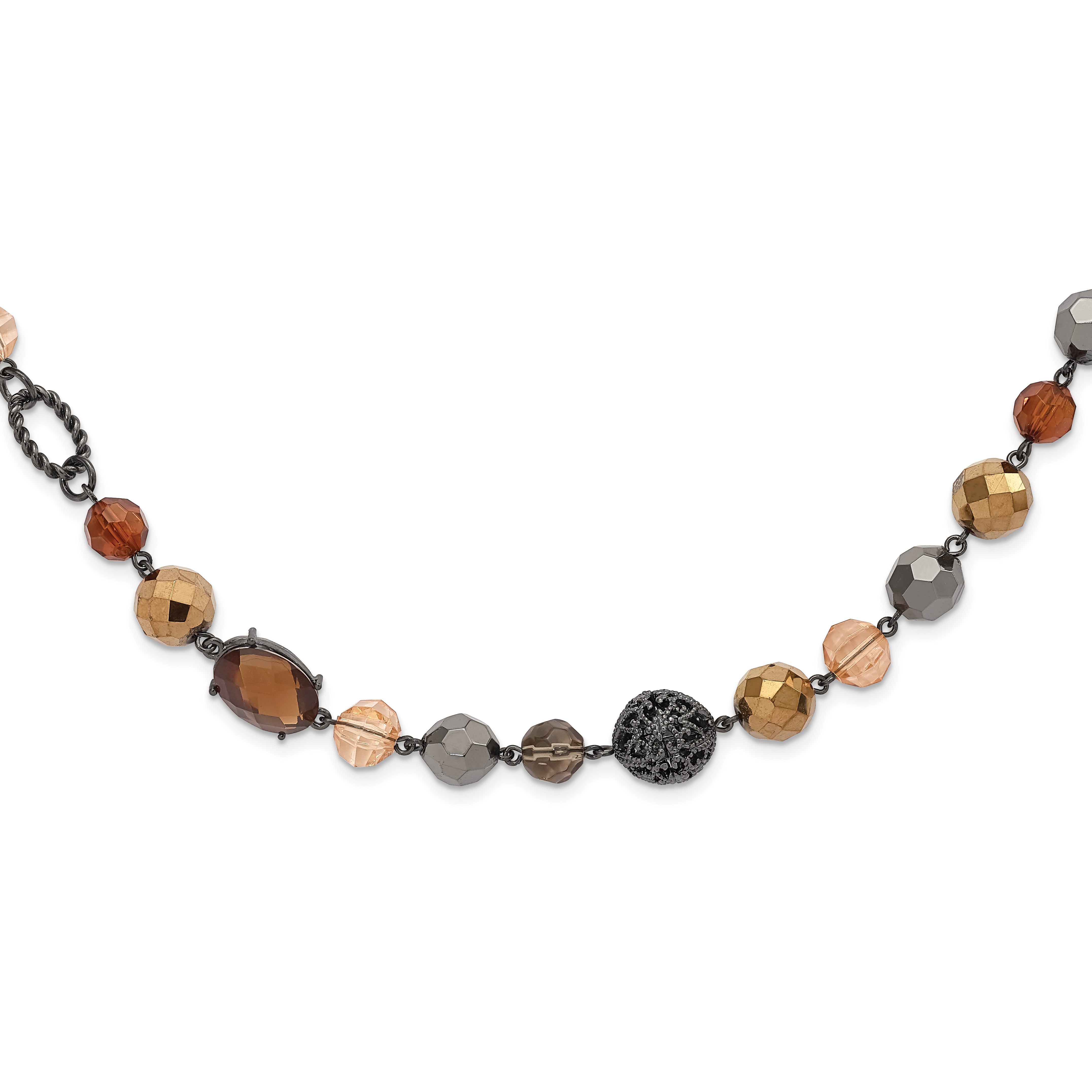 1928 Jewelry Black-plated Textured and Faceted Multicolor Glass Beads in Brown and Hematite Shades 42 inch Black Velour Cord Necklace