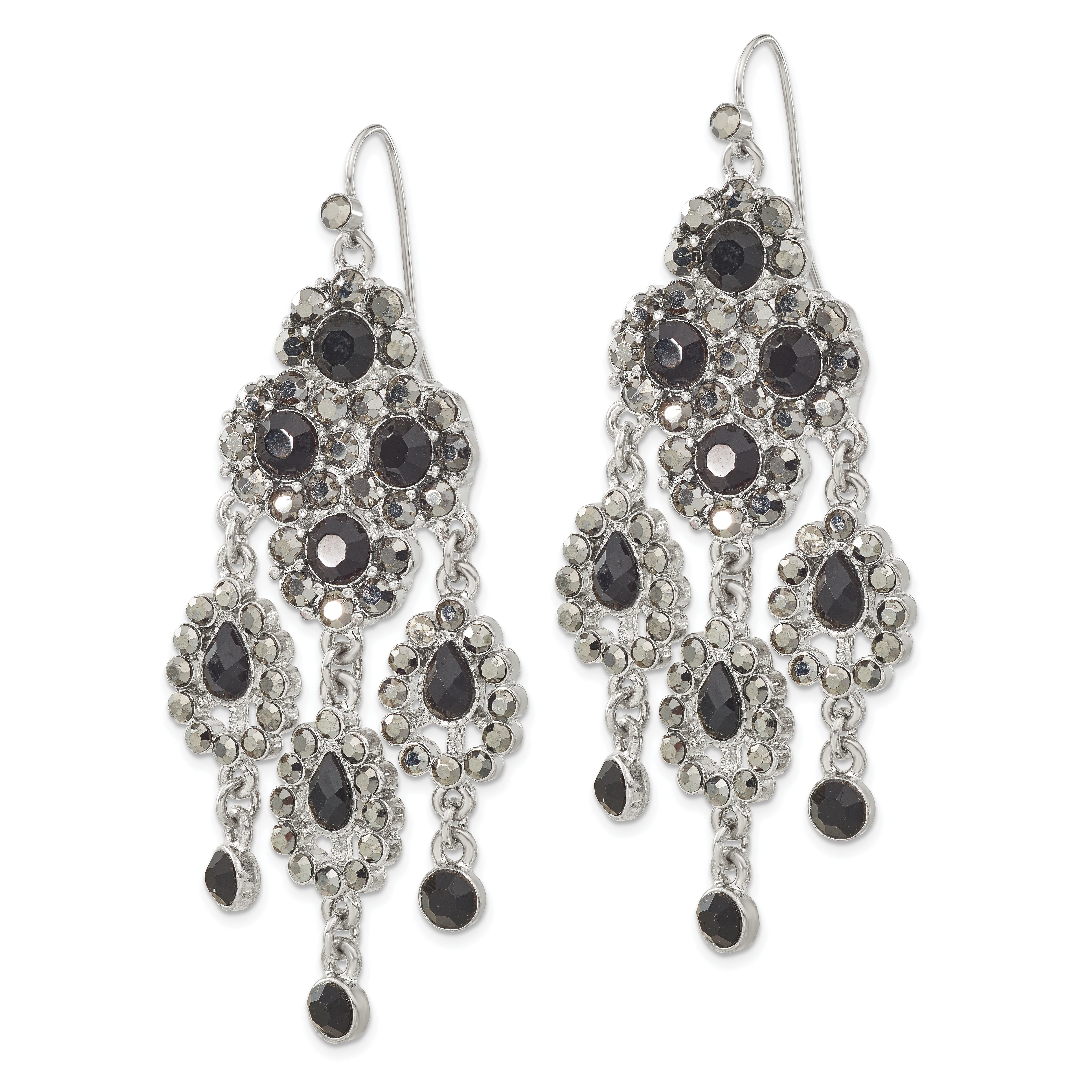 1928 Jewelry Silver-tone Jet Black Glass Stones Chandelier Dangle Earrings