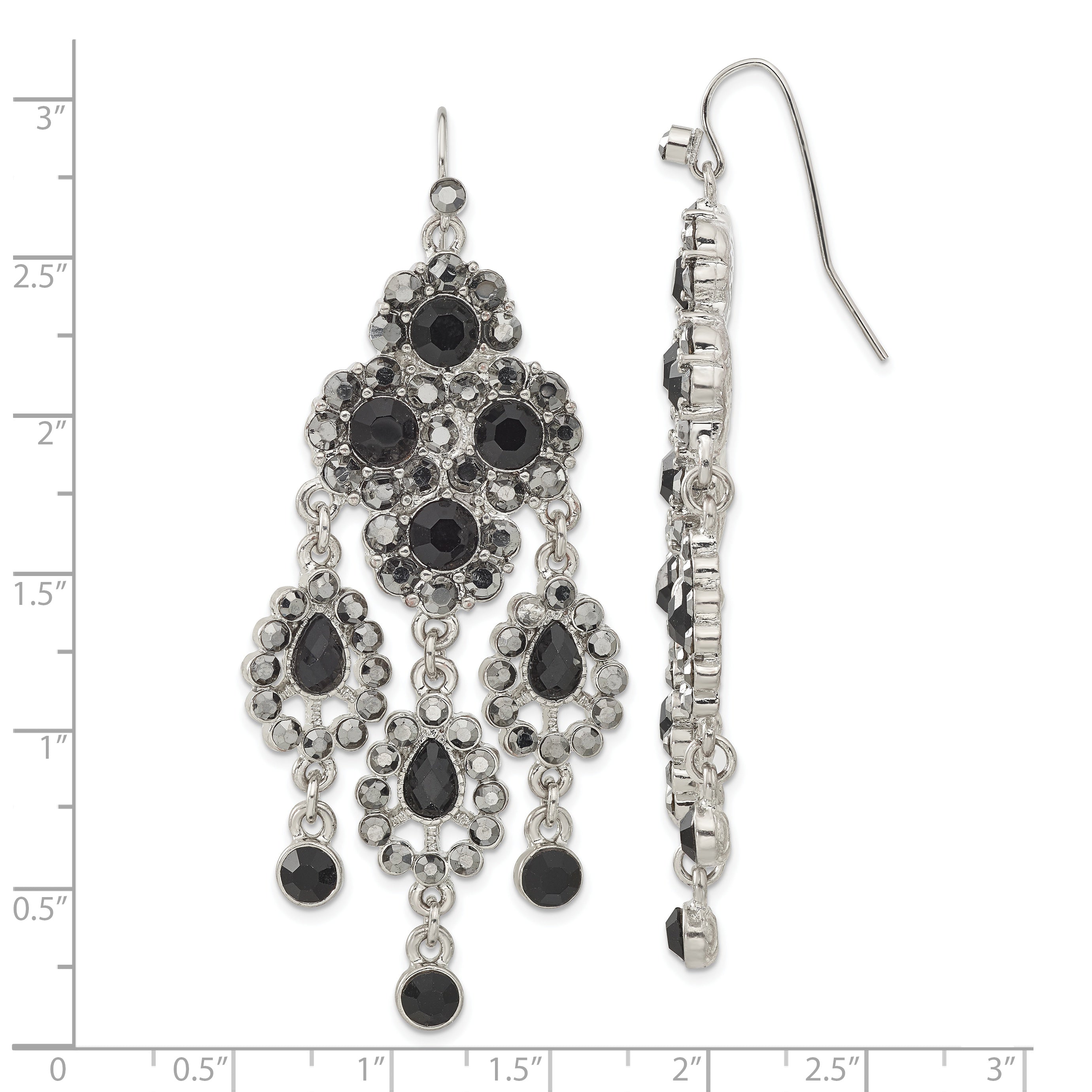 1928 Jewelry Silver-tone Jet Black Glass Stones Chandelier Dangle Earrings