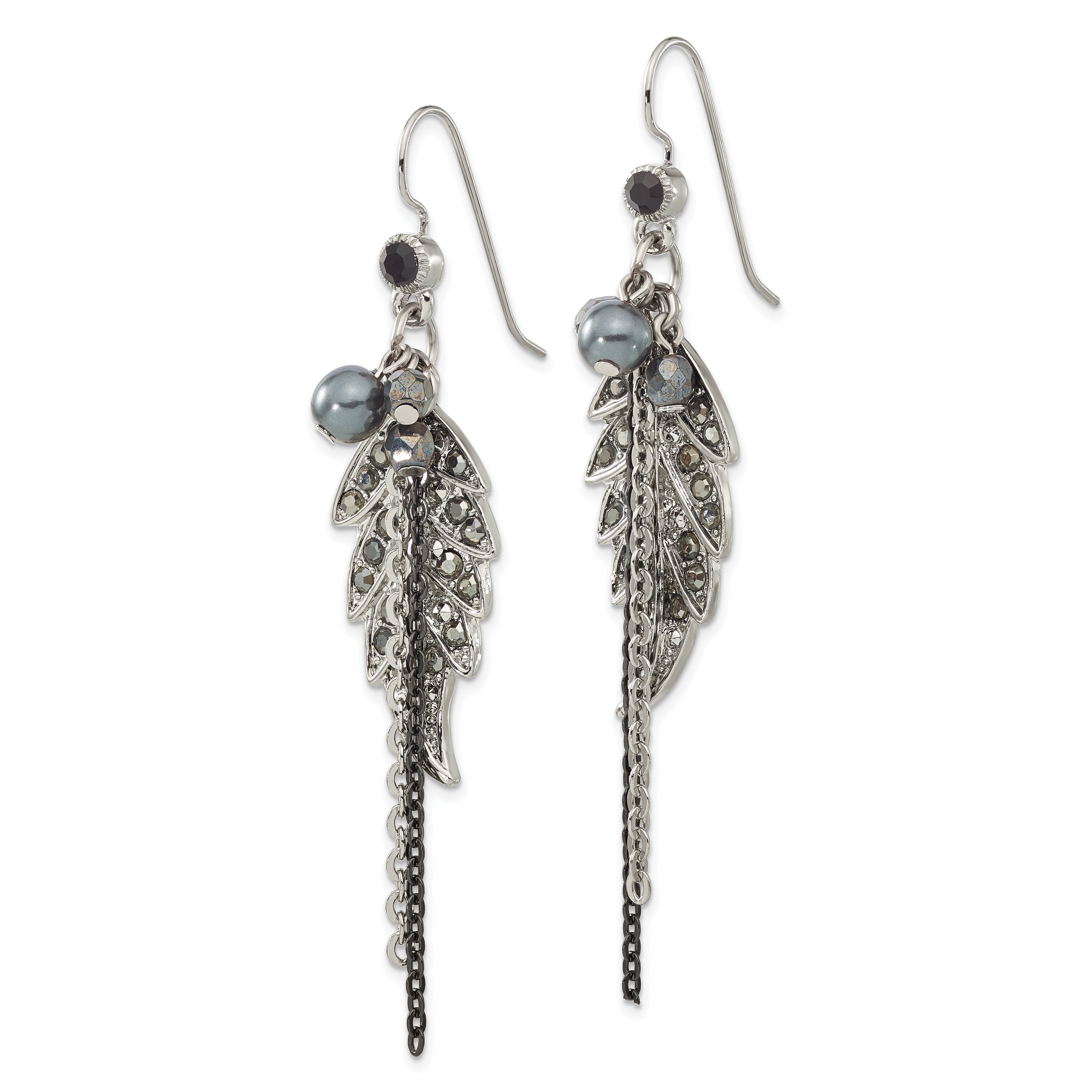 1928 Jewelry Silver-tone and Black-plated Leaf Pattern Jet Black and Hematite Crystal and Glass Beads Dangle Earrings
