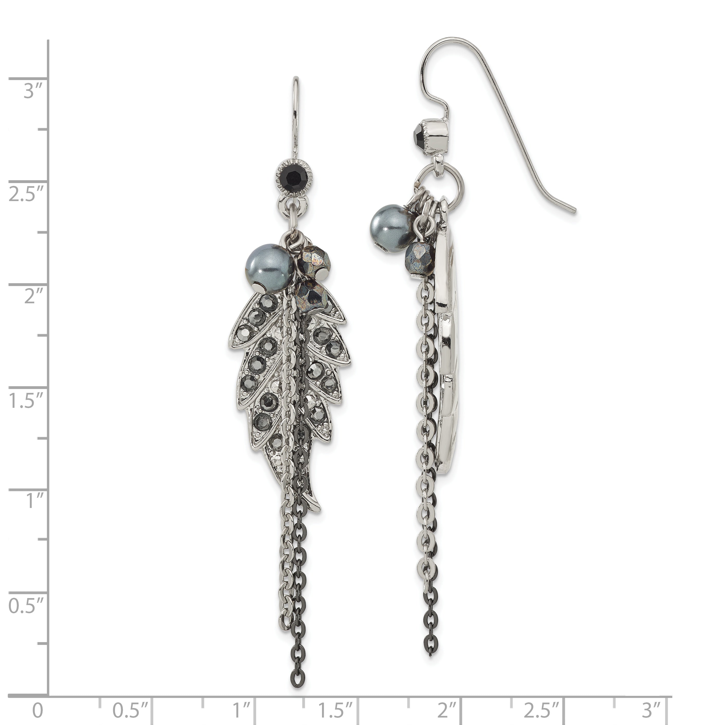 1928 Jewelry Silver-tone and Black-plated Leaf Pattern Jet Black and Hematite Crystal and Glass Beads Dangle Earrings
