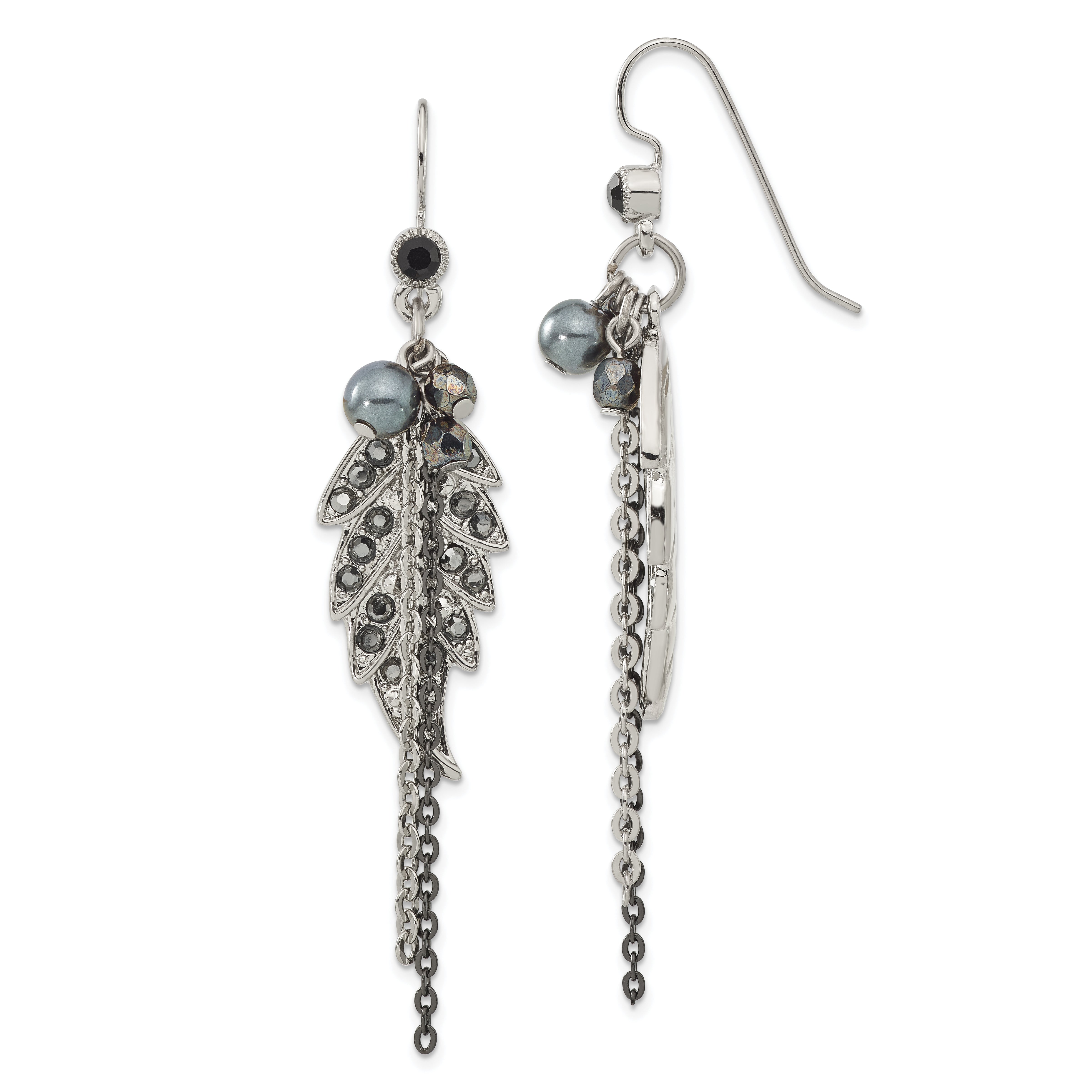 1928 Jewelry Silver-tone and Black-plated Leaf Pattern Jet Black and Hematite Crystal and Glass Beads Dangle Earrings