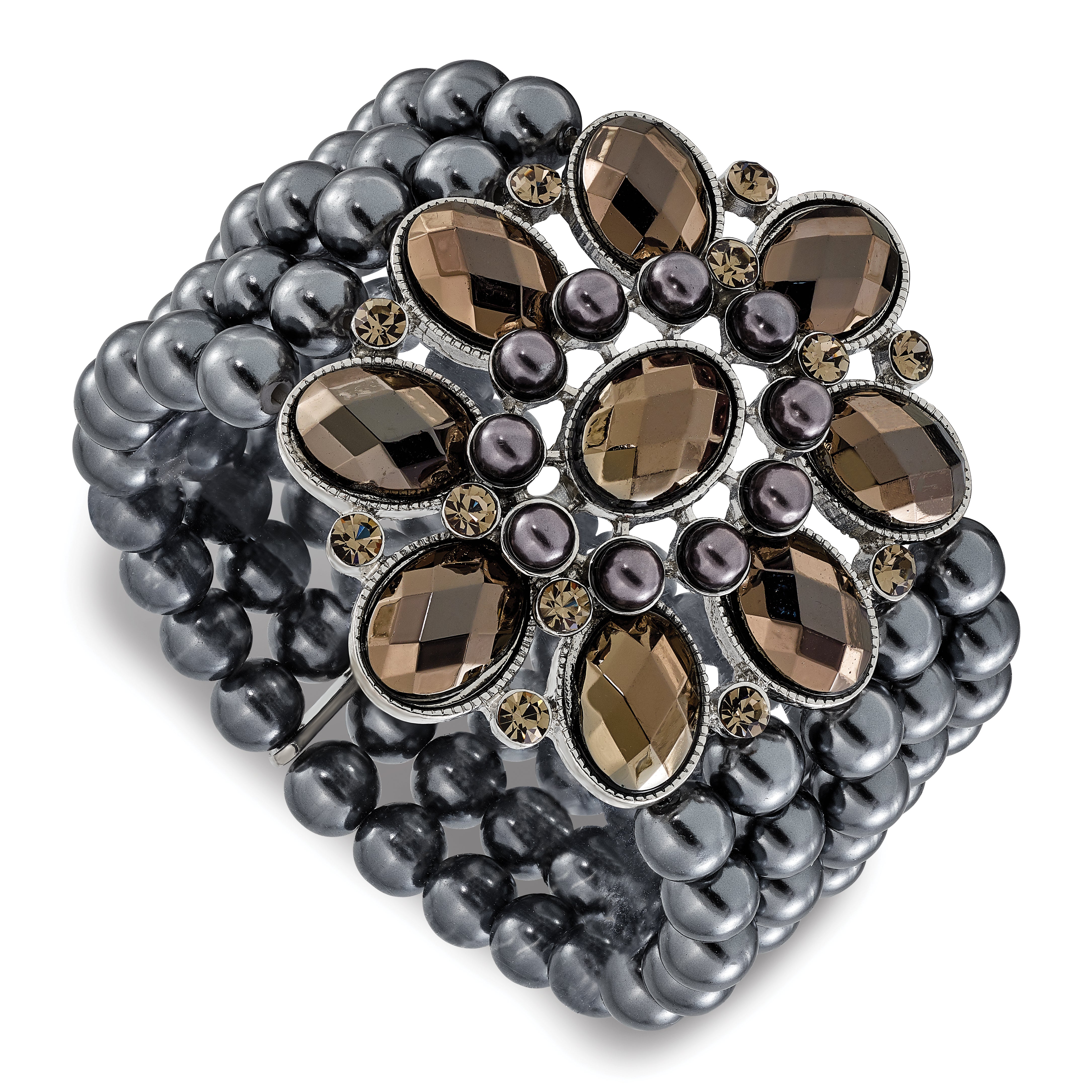 1928 Jewelry Wide Black-plated Floral Frame with Jet Black and Hematite Faceted Acrylic Beads and Round Black Smooth Bead Five Row Stretch Bracelet Main image