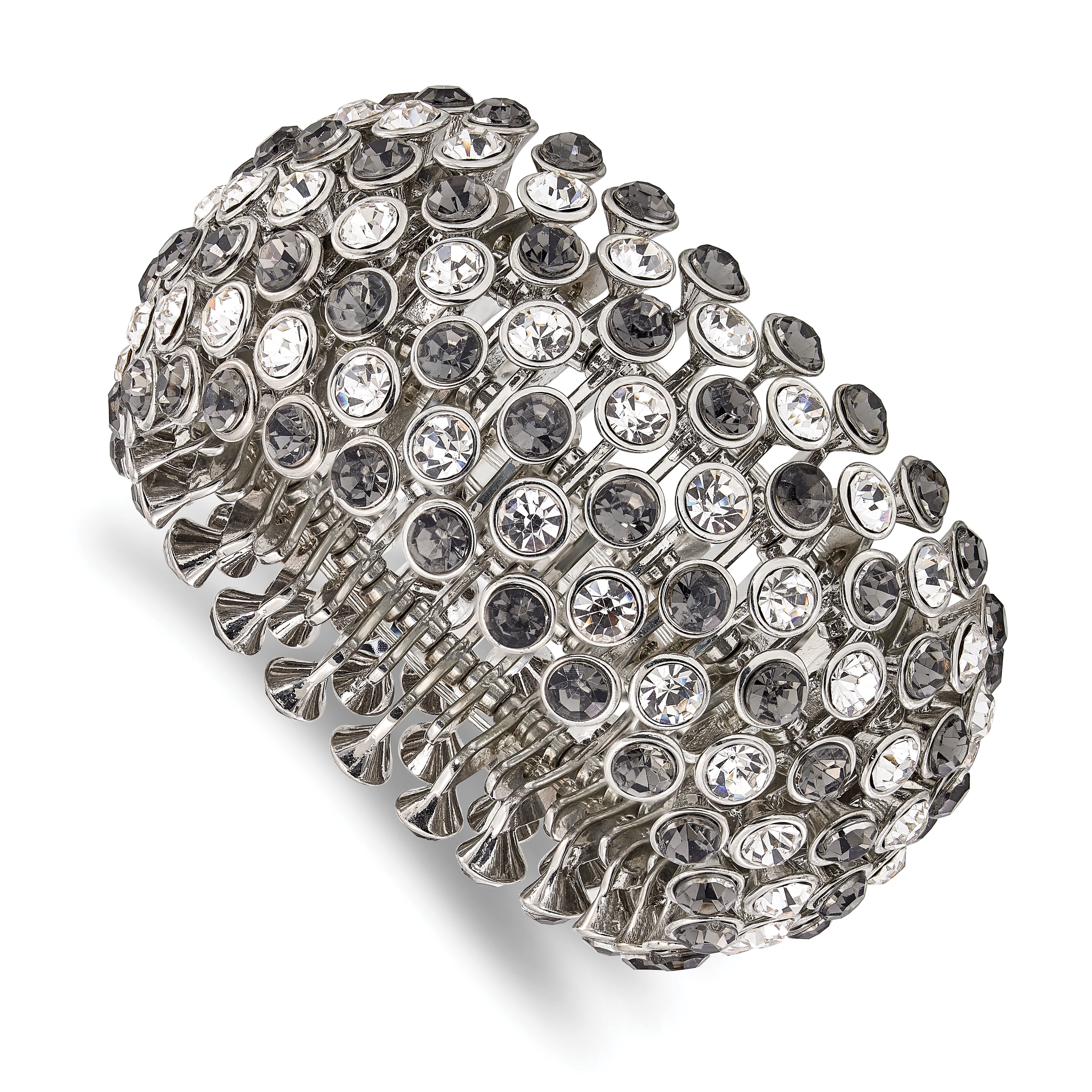 1928 Jewelry Silver-tone Wide Jet Black and Clear Crystals and Acrylic Stones Stretch Bracelet Main image
