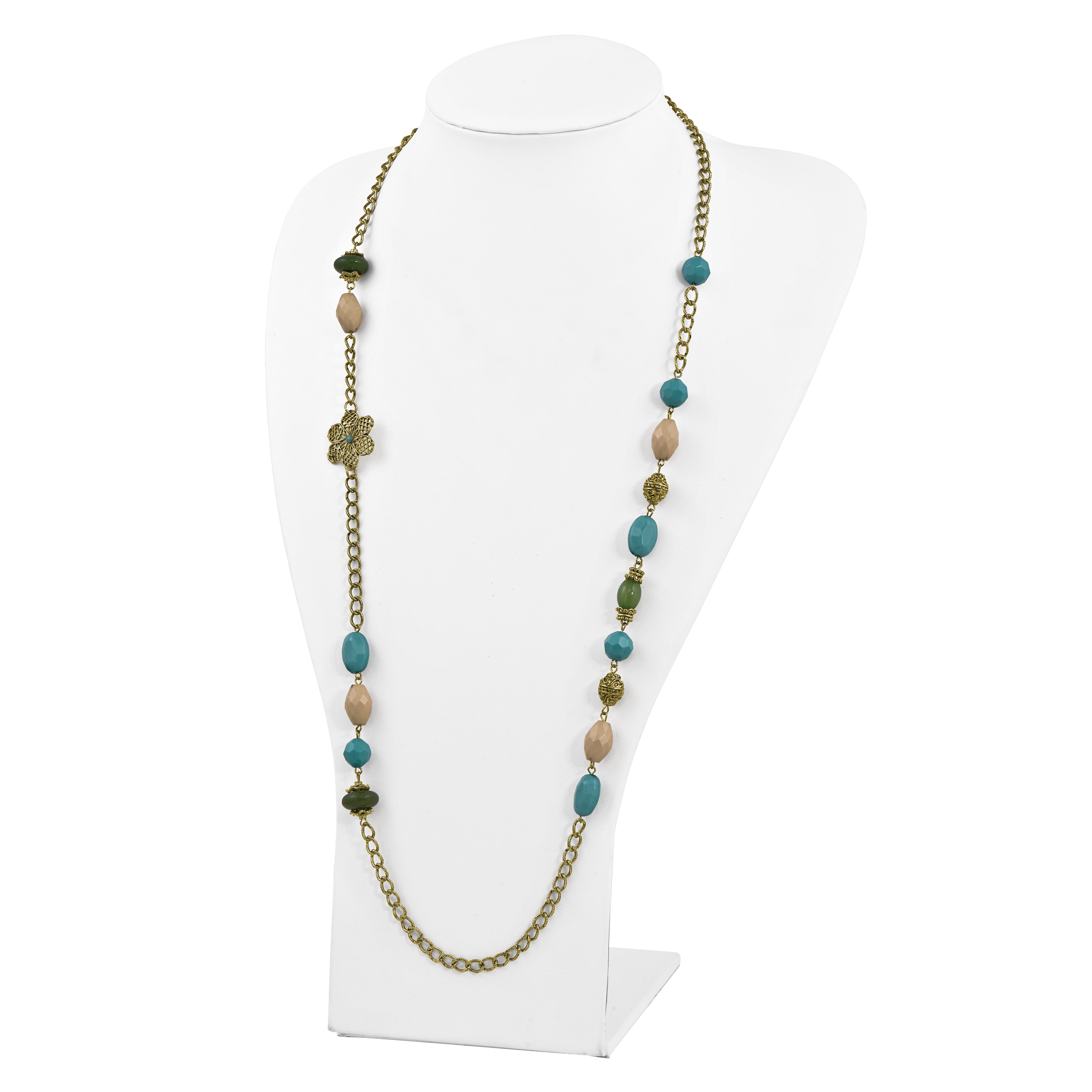 1928 Jewelry Gold-tone Link Filigree Floral and Pattern Bead with Teal Green and Cream Acrylic Beads 38 inch Necklace