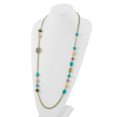 1928 Jewelry Gold-tone Link Filigree Floral and Pattern Bead with Teal Green and Cream Acrylic Beads 38 inch Necklace