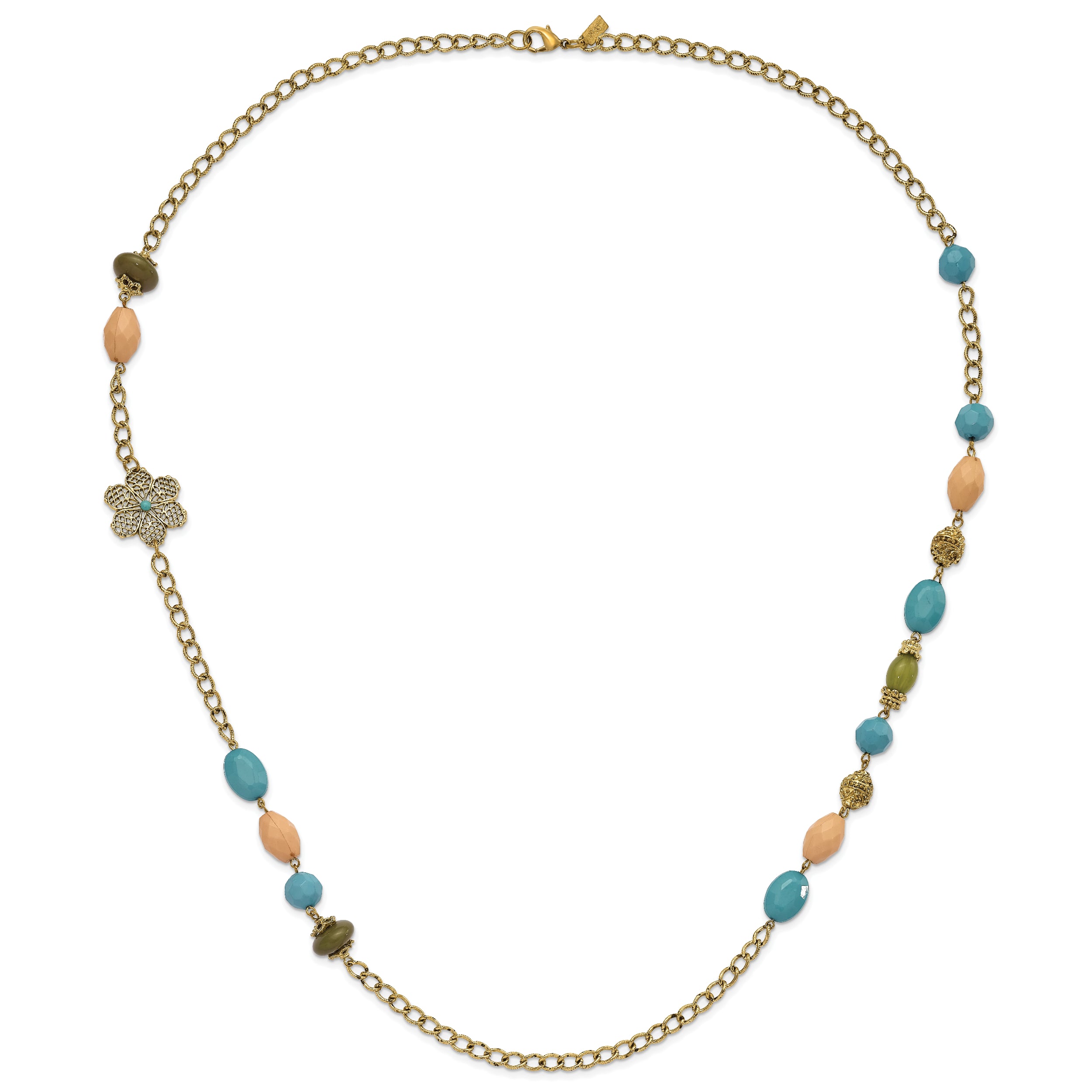 1928 Jewelry Gold-tone Link Filigree Floral and Pattern Bead with Teal Green and Cream Acrylic Beads 38 inch Necklace