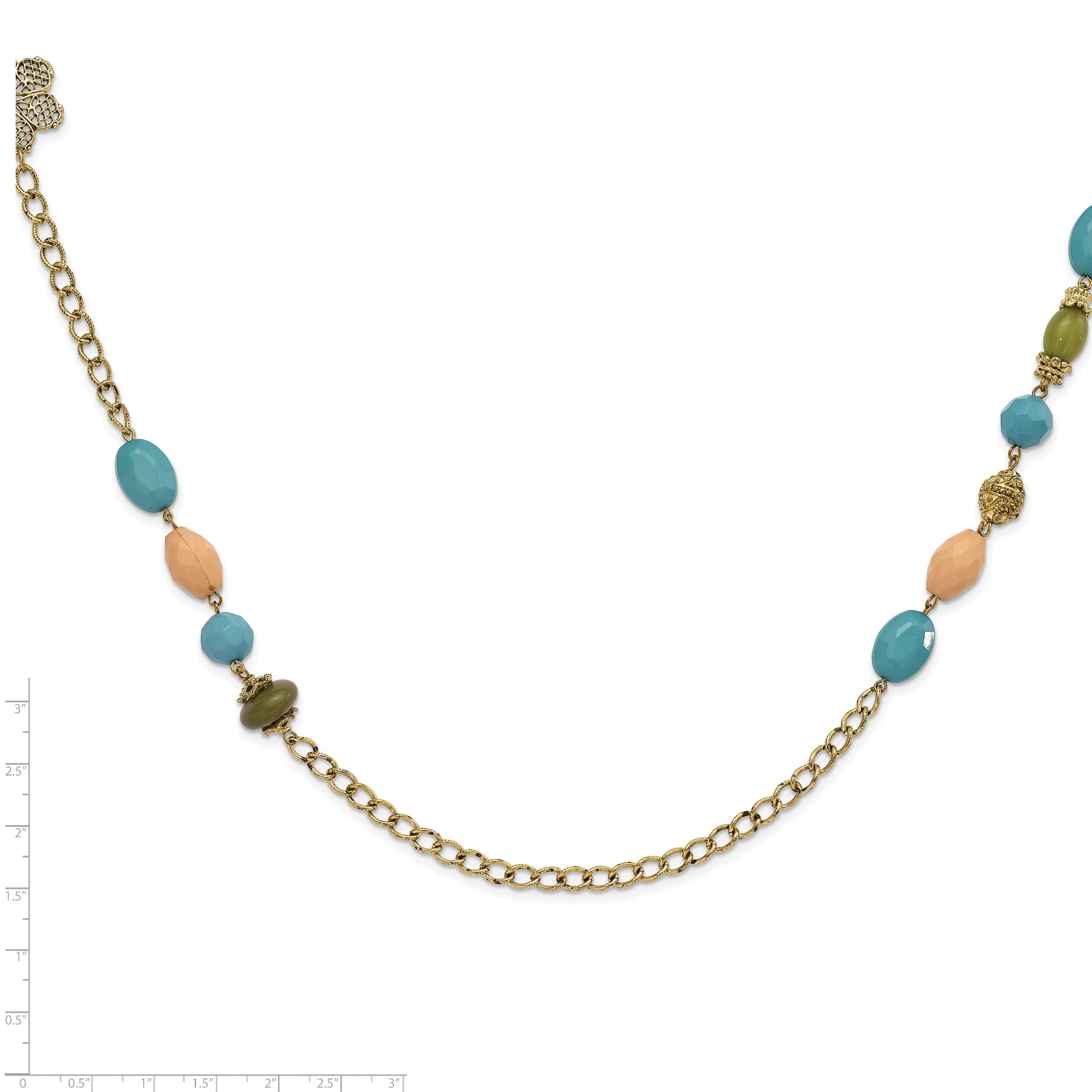 1928 Jewelry Gold-tone Link Filigree Floral and Pattern Bead with Teal Green and Cream Acrylic Beads 38 inch Necklace