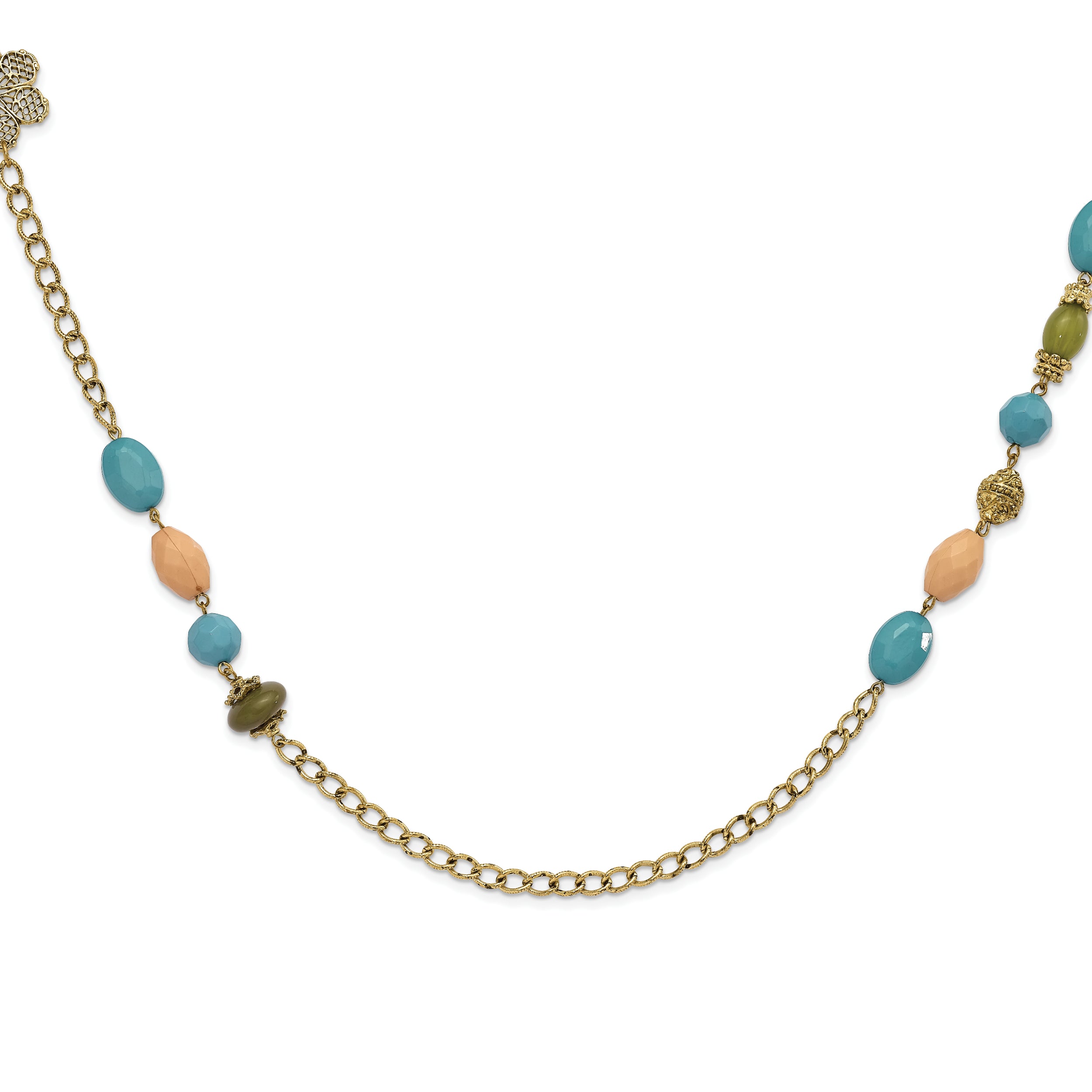 1928 Jewelry Gold-tone Link Filigree Floral and Pattern Bead with Teal Green and Cream Acrylic Beads 38 inch Necklace