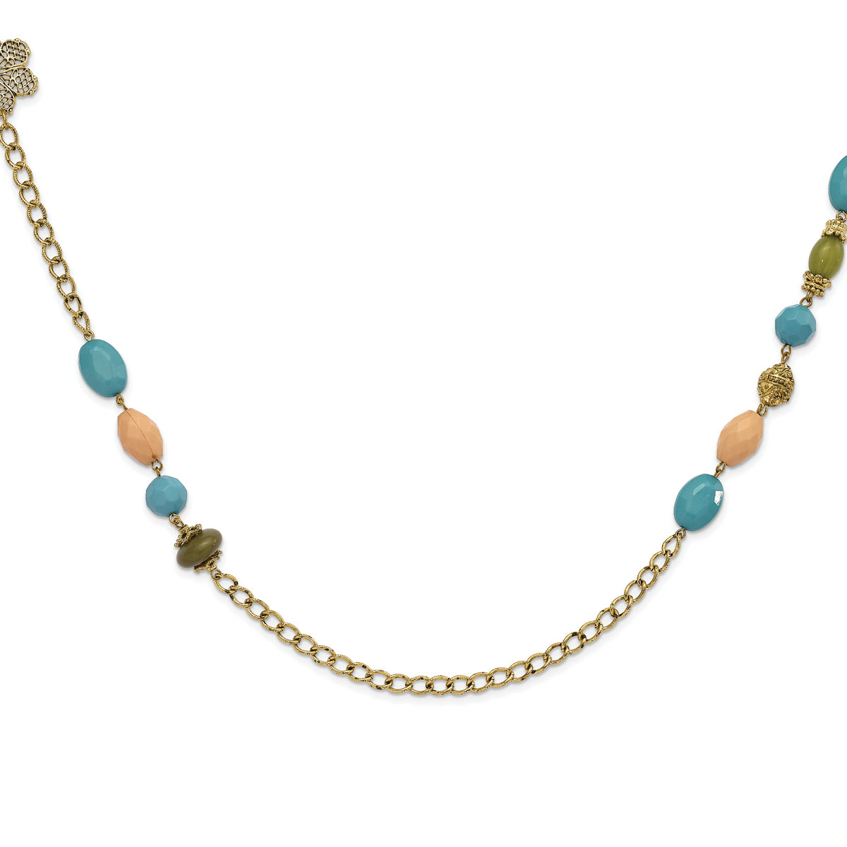 1928 Jewelry Gold-tone Link Filigree Floral and Pattern Bead with Teal Green and Cream Acrylic Beads 38 inch Necklace