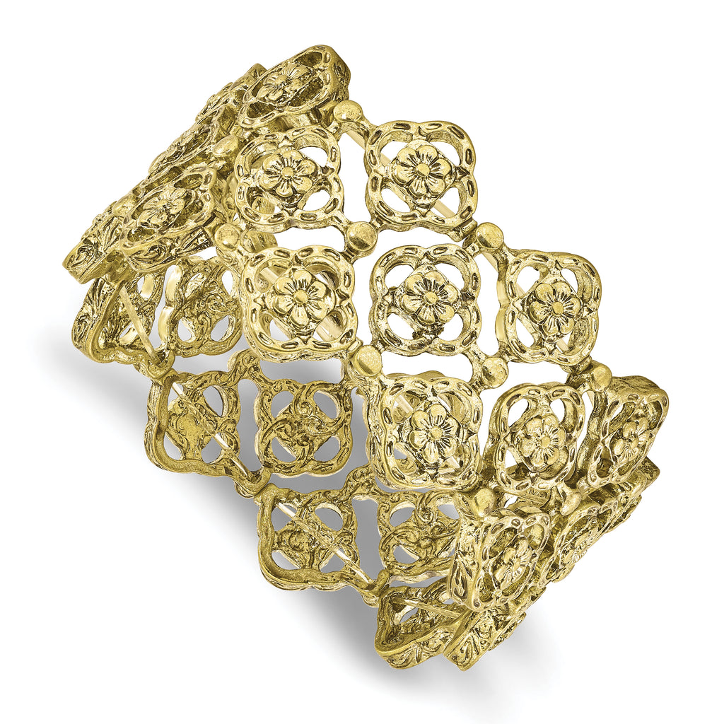 1928 Jewelry Brass-tone Wide Filigree Floral Pattern Link Stretch Bracelet