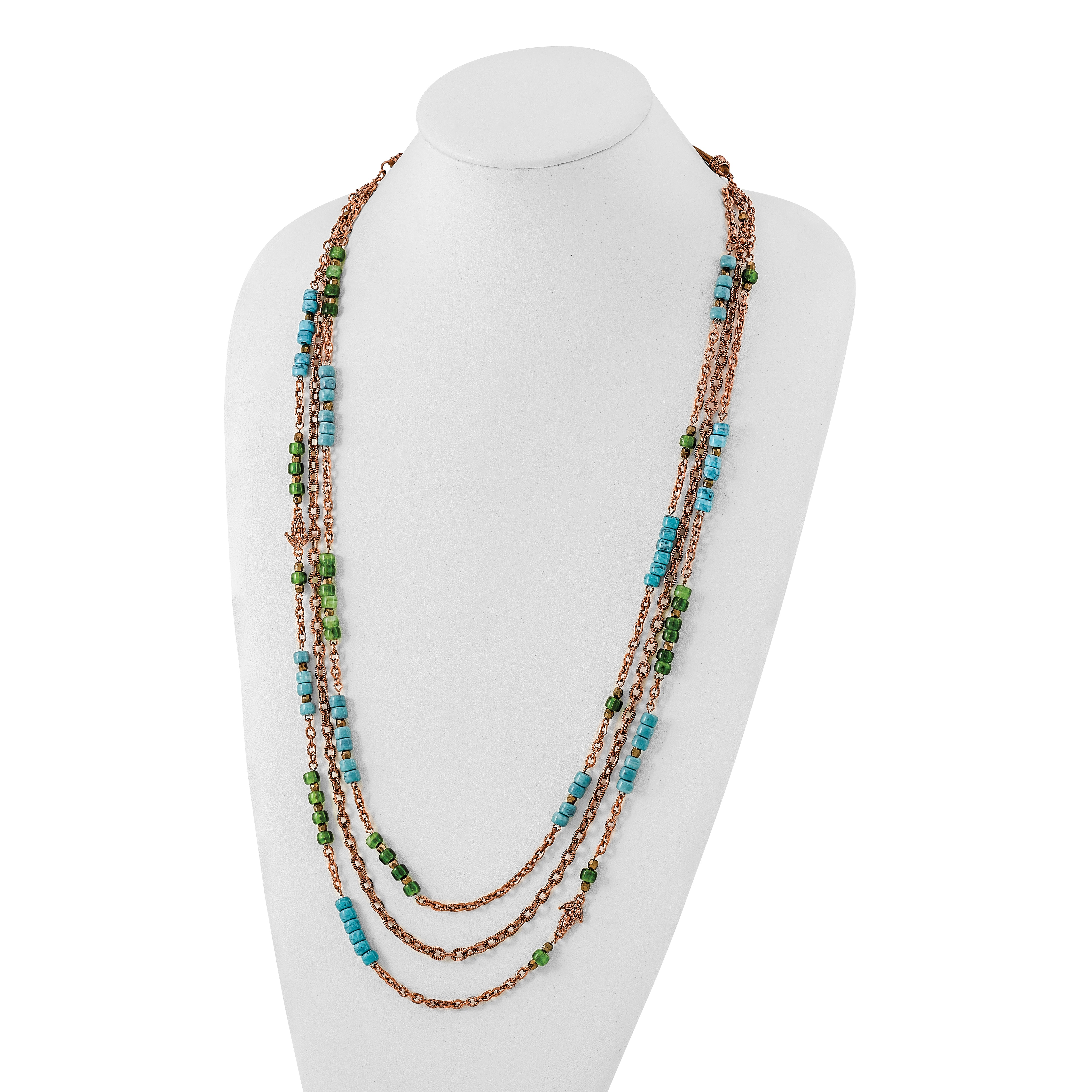 1928 Copper-tone Green, Teal Blue & Brown Acrylic Beads 42in Necklace Secondary image