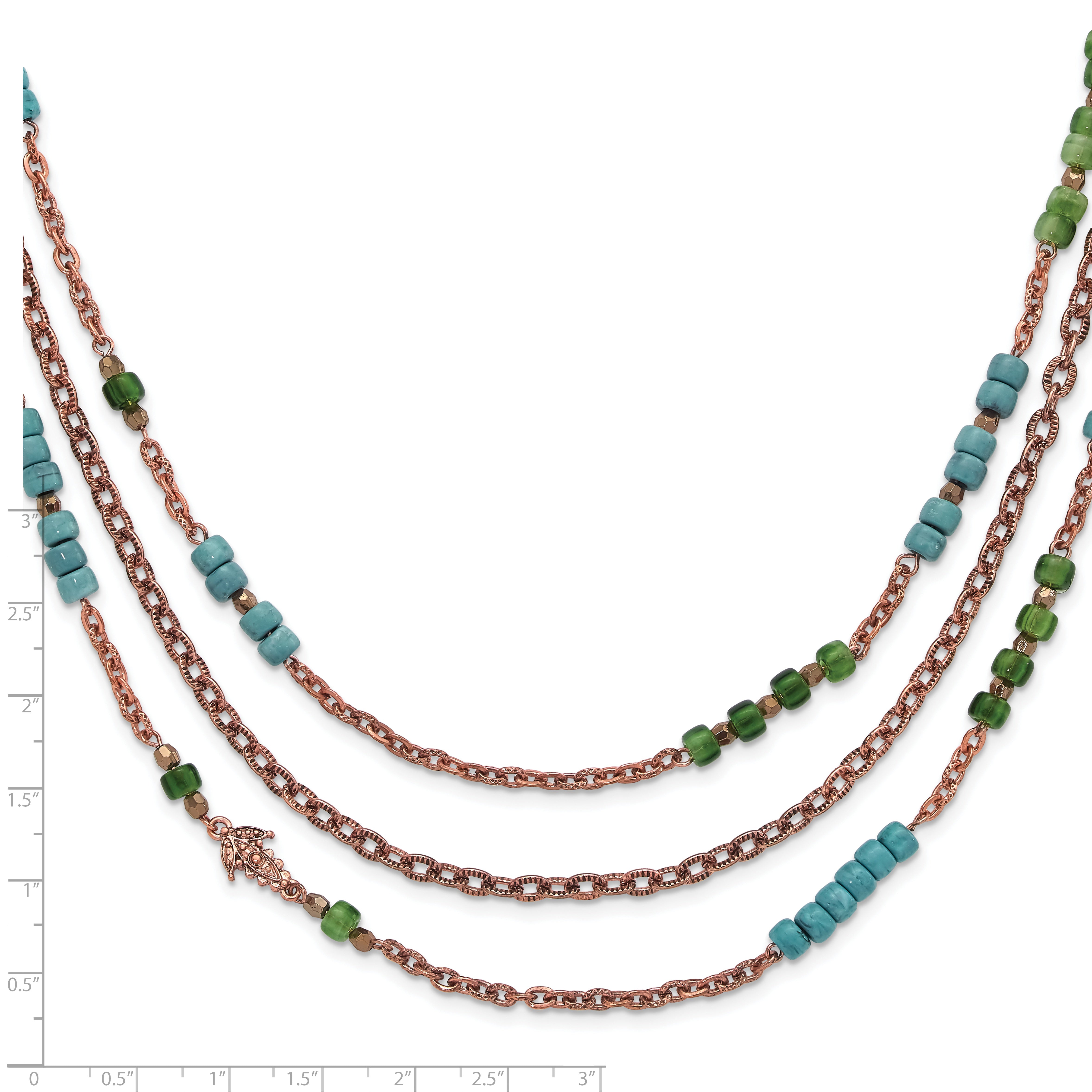 1928 Copper-tone Green, Teal Blue & Brown Acrylic Beads 42in Necklace