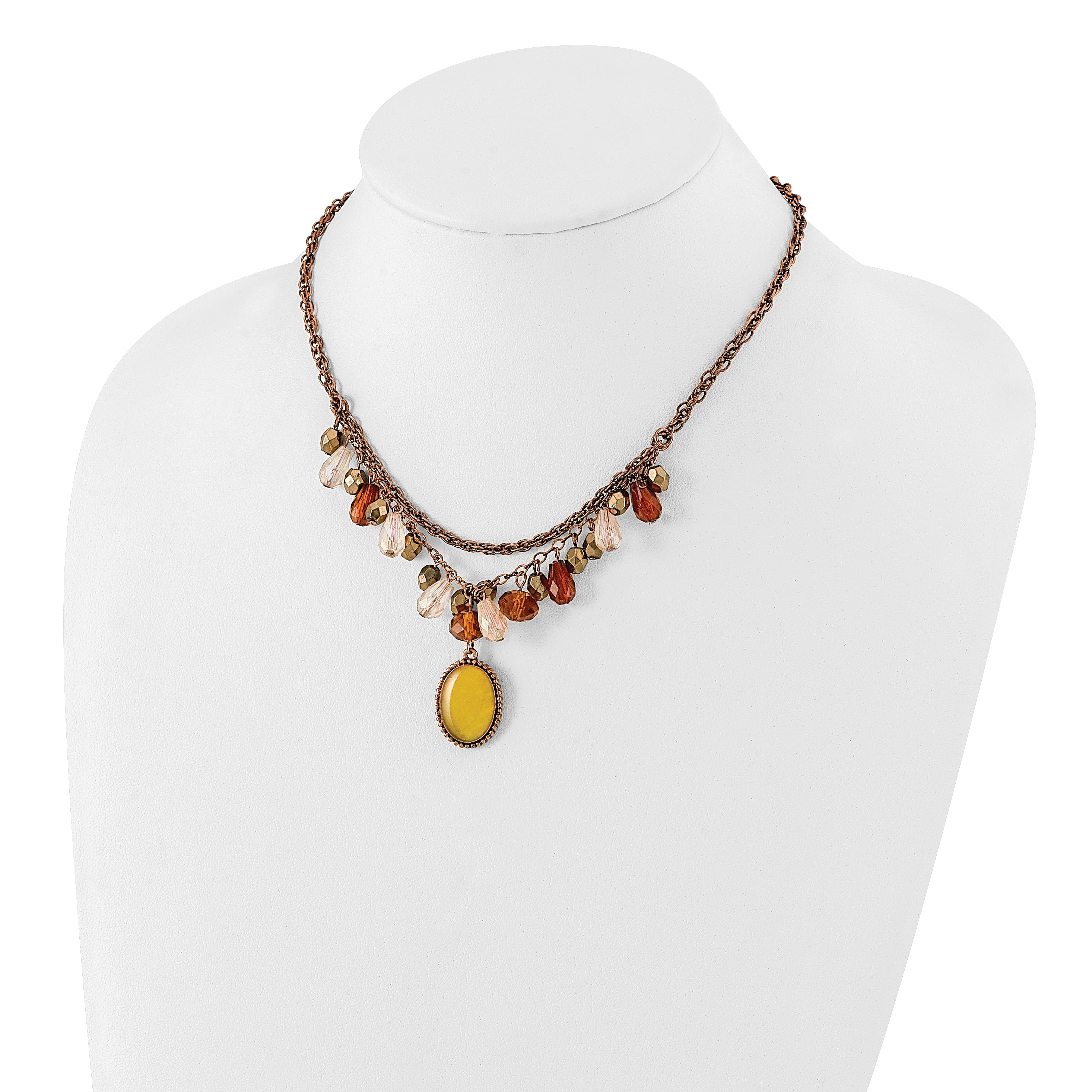 1928 Jewelry Copper-tone Multicolor Faceted Acrylic Beads and Mother of Pearl Pendant 16 inch Necklace with 3 inch extension