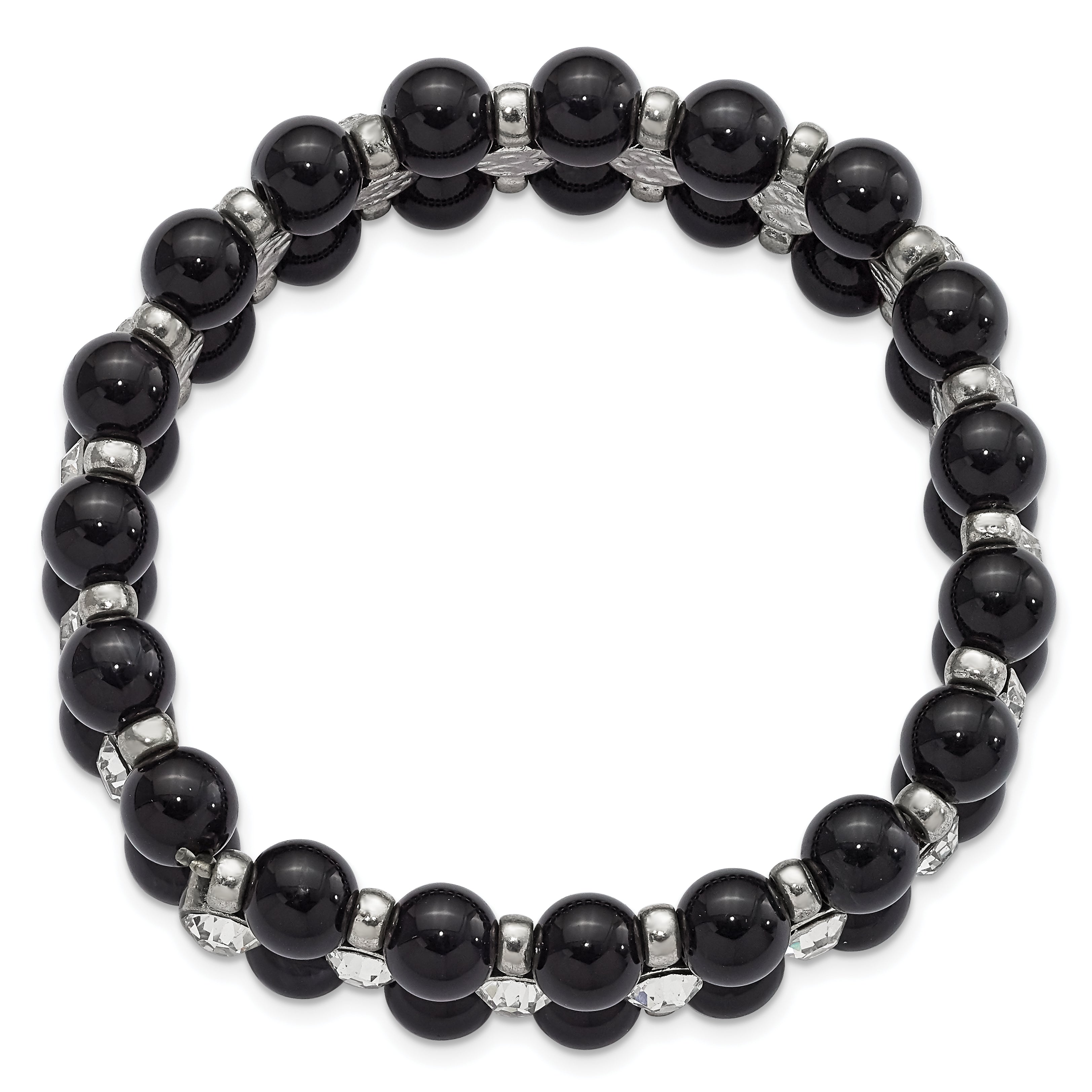 1928 Jewelry Silver-tone and Black Beads with Clear Glass Stones Stretch Bracelet Secondary image