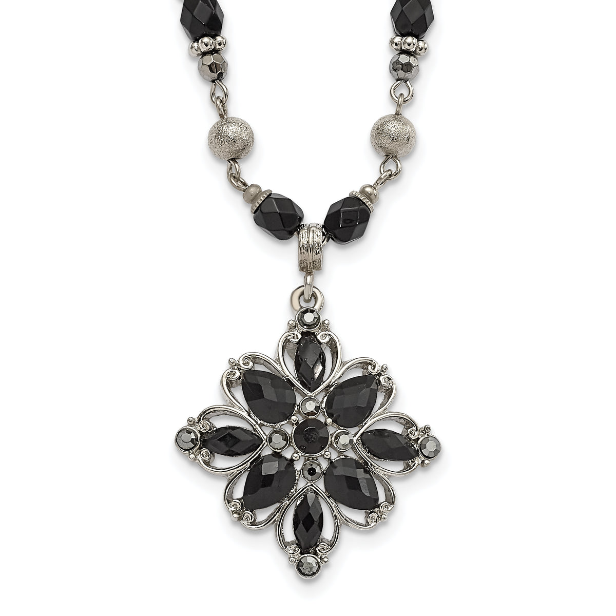 1928 Jewelry Silver-tone Link Clear Black and Hematite Crystal Faceted Beads Acrylic Stone Accented with 3 inch extension Necklace