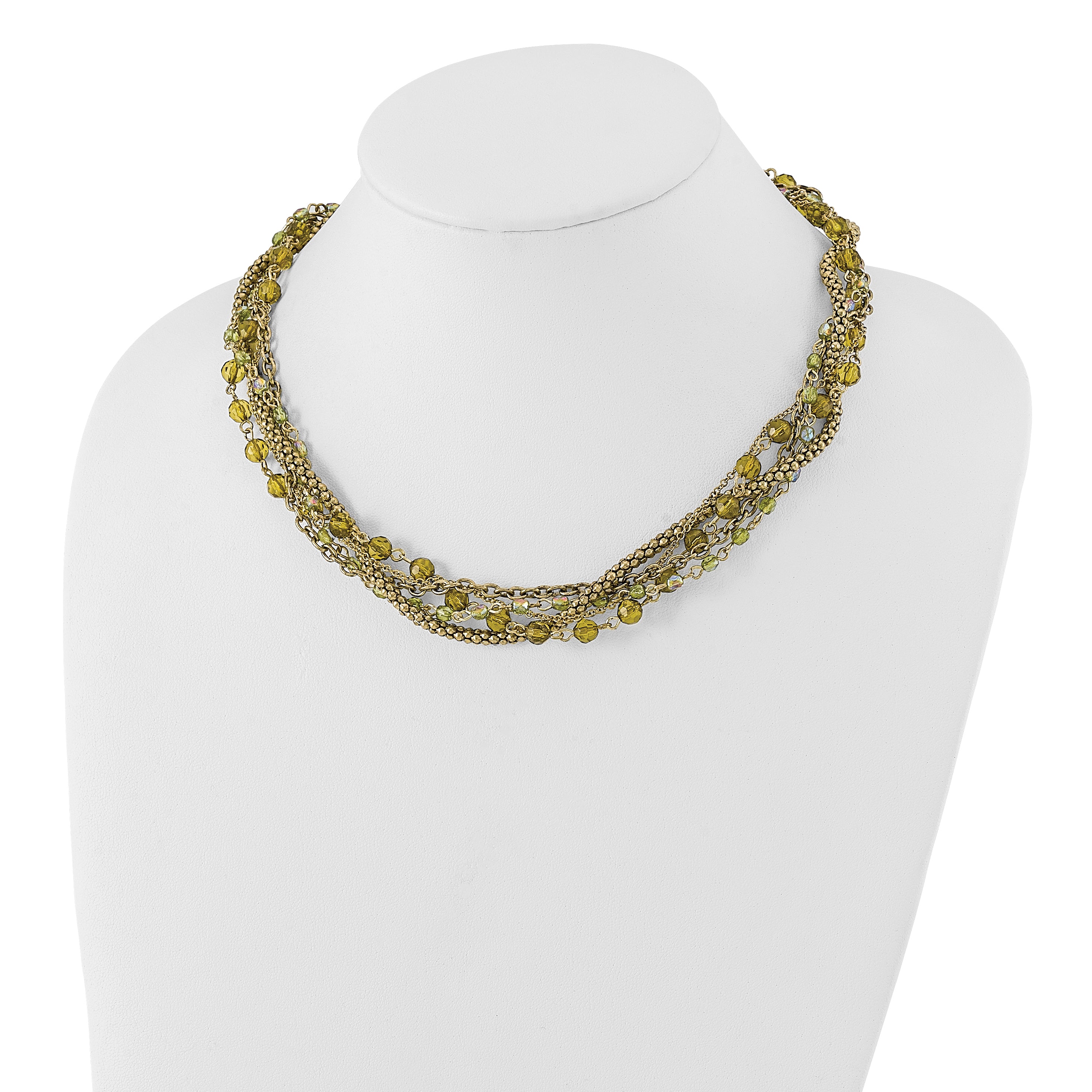 1928 Jewelry Brass-tone Five Strand Faceted Green Acrylic Beads Adjustable 16 inch Twisted Necklace with 3 inch extension