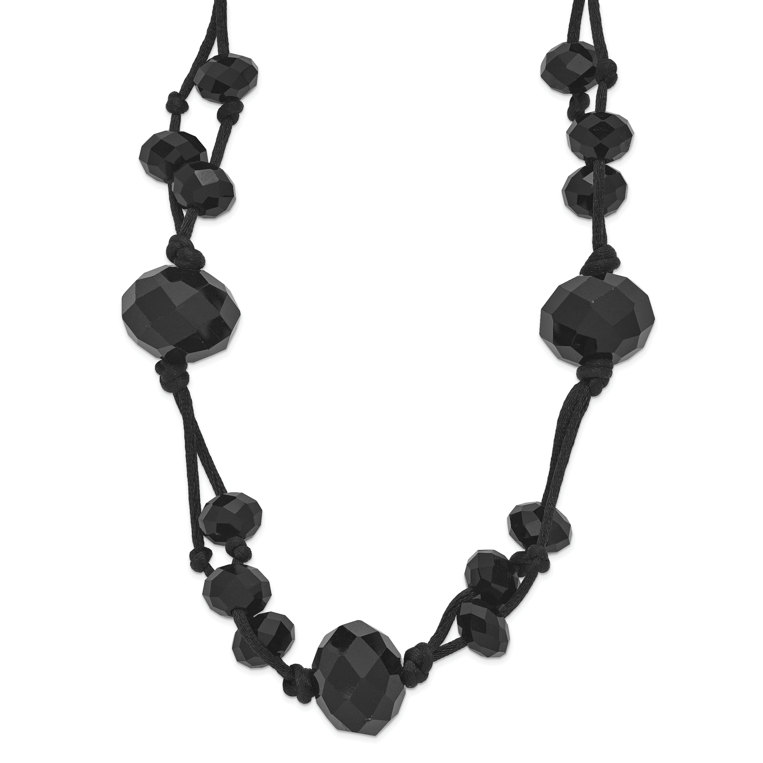 1928 Jewelry Jet Black Faceted Acrylic Beads Adjustabel 16 inch Black Knotted Satin Cord Necklace with 3 inch extension