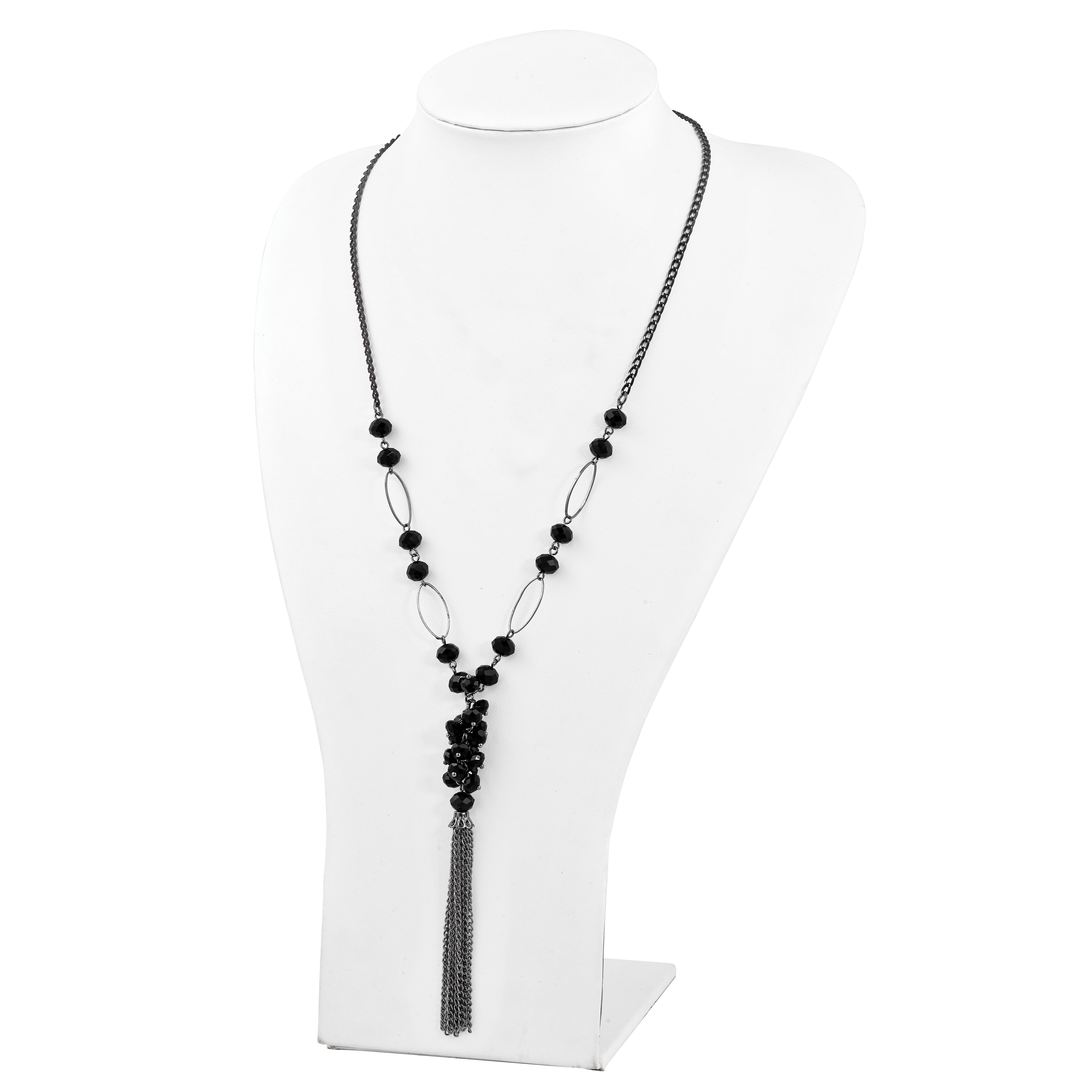 1928 Jewelry Black-plated Link Jet Black Faceted Acrylic Beaded Cluster 28 inch Tassel Necklace